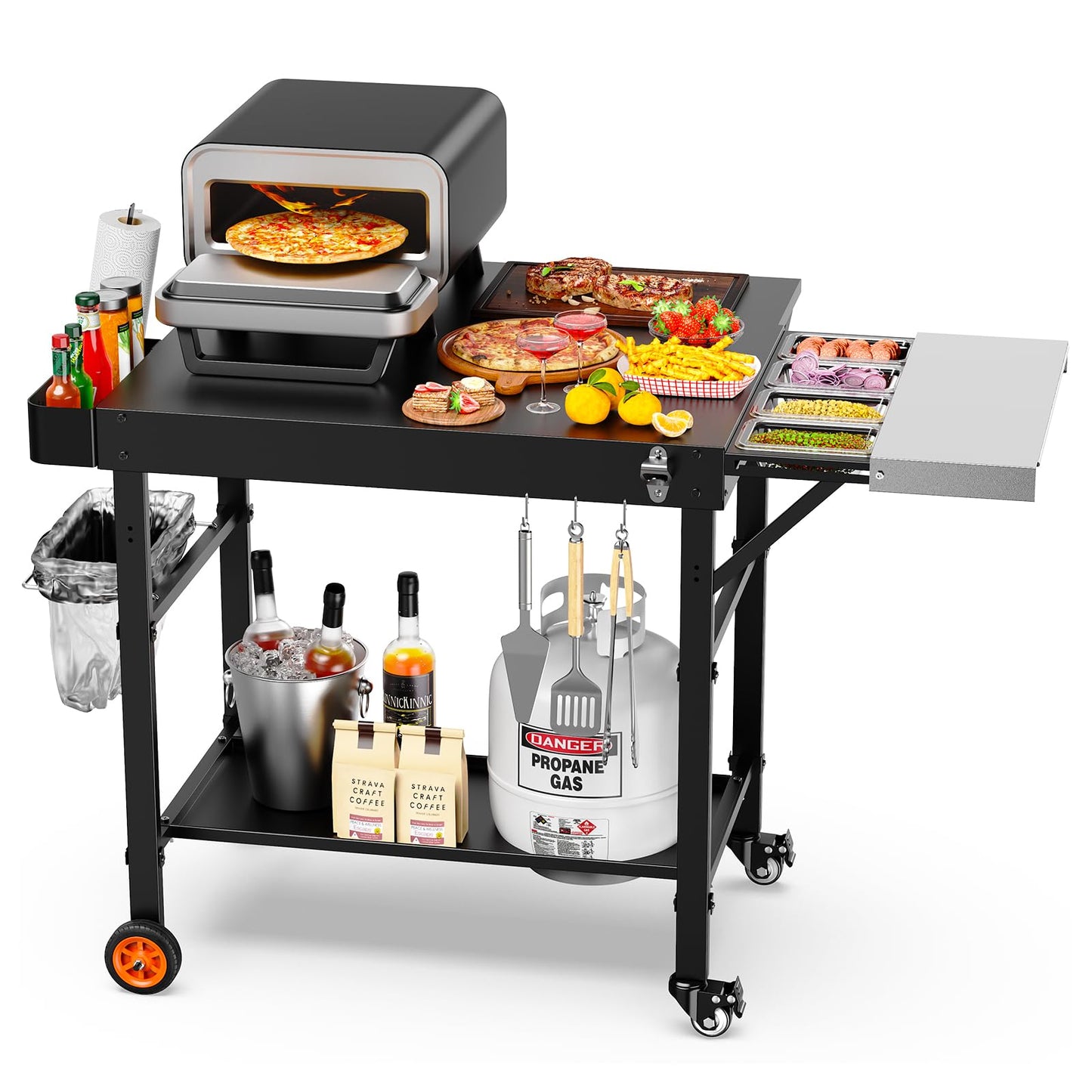 Outdoor Grill Cart for Pizza Oven, 28.8" Extra-Wide Pizza Oven Table, Heavy Duty Grill Cart with Pizza Topping Station, Grill Tables for Outside, Prep Station for Blackstone Griddle Accessories