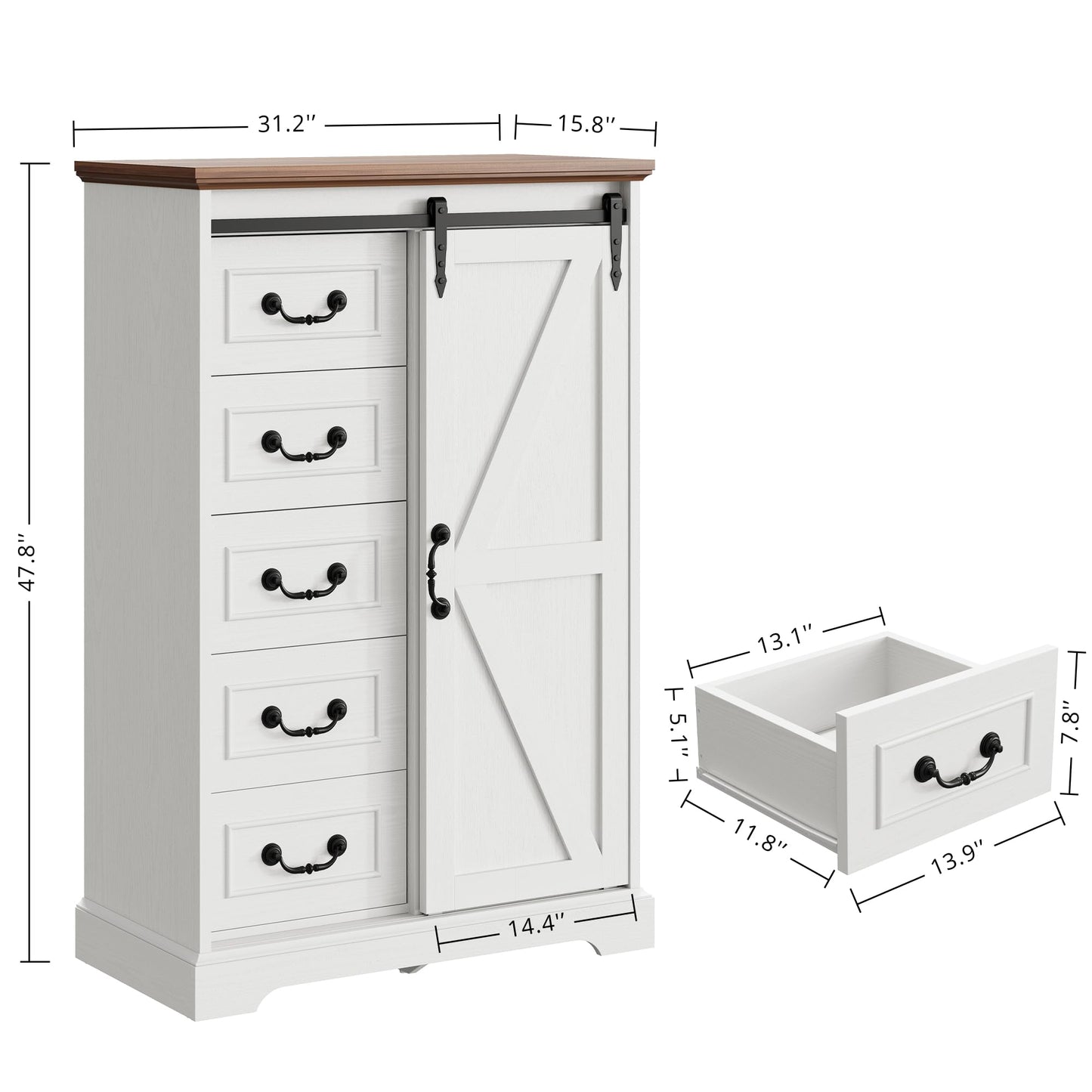 IRONCK 5 Drawers Dressers for Bedroom, Farmhouse Dresser Chest of Drawer with Sliding Barn Door,48” Tall Dresser Storage Organizer for Living Room, Entryway, White/Walnut