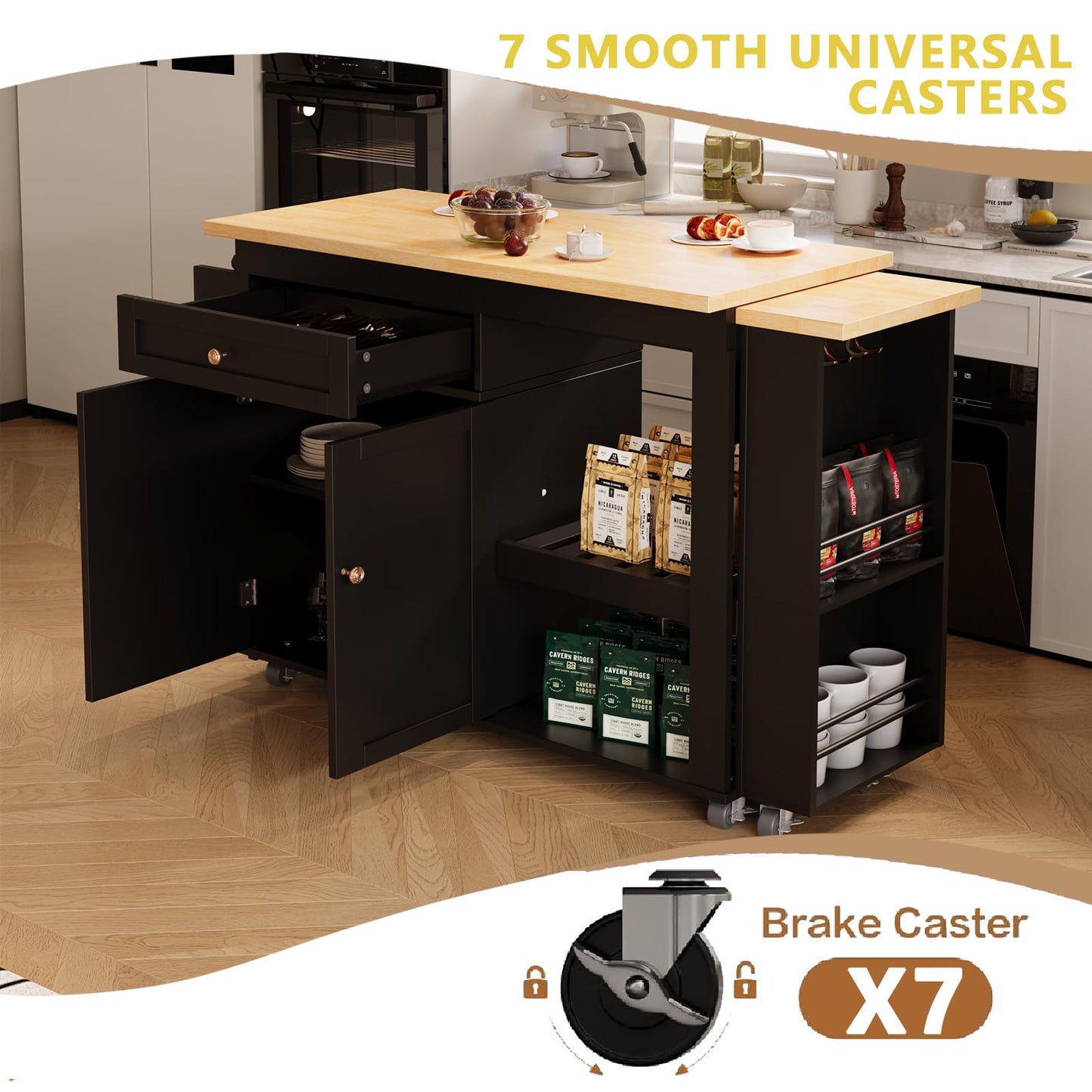 CayugaCrekrd 81.5" Kitchen Island with Extendable Dining Table, Rolling Kitchen Cart on Wheels with Spice Rack, Drawer and Door Cabinet for Dining Room, Black
