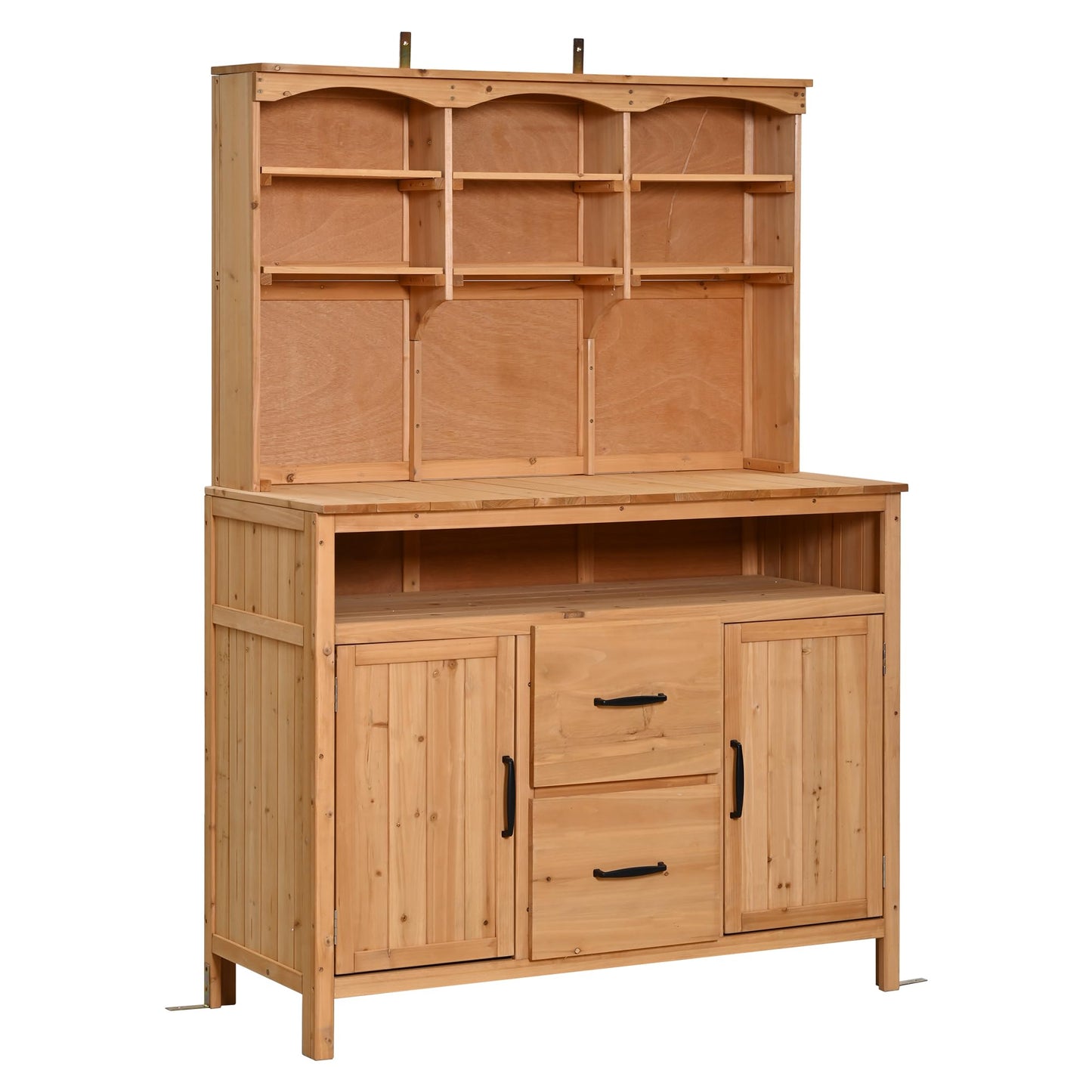 GDFStudio Junley Outdoor Storage Bench Table with Cabinet, Patio Wooden Potting Bench Plant Bench, Large Garden Storage Work Bench with Drawers, Cabinets, Hooks and Countertop, Kitchen Island, Natural