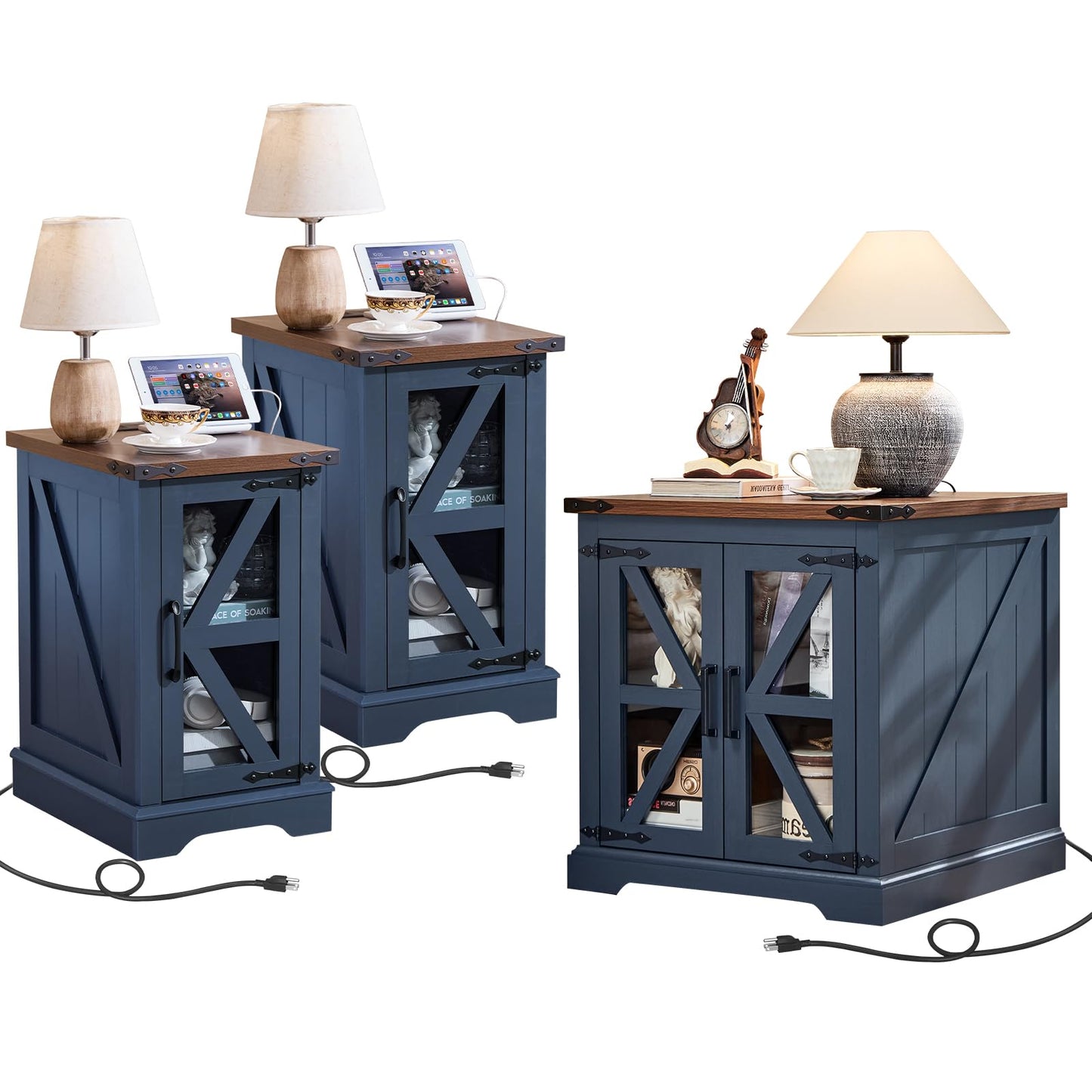 Joaxswe End Tables Living Room Set 3 with Charger Station, Farmhouse 18'' Narrow Night Stand and 24" Square Side Table with Glass Barn Door Storage, Wood Nightstand Bedside Tables for Bedroom Office ﻿