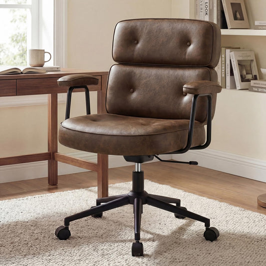 HAPPYMONT Ergonomic High Back Leather Office Chair, Executive Computer Desk Chair with Lumbar Support & Padded Arms, Adjustable Height 360° Rolling Swivel Task Chair for Home Office, Brown