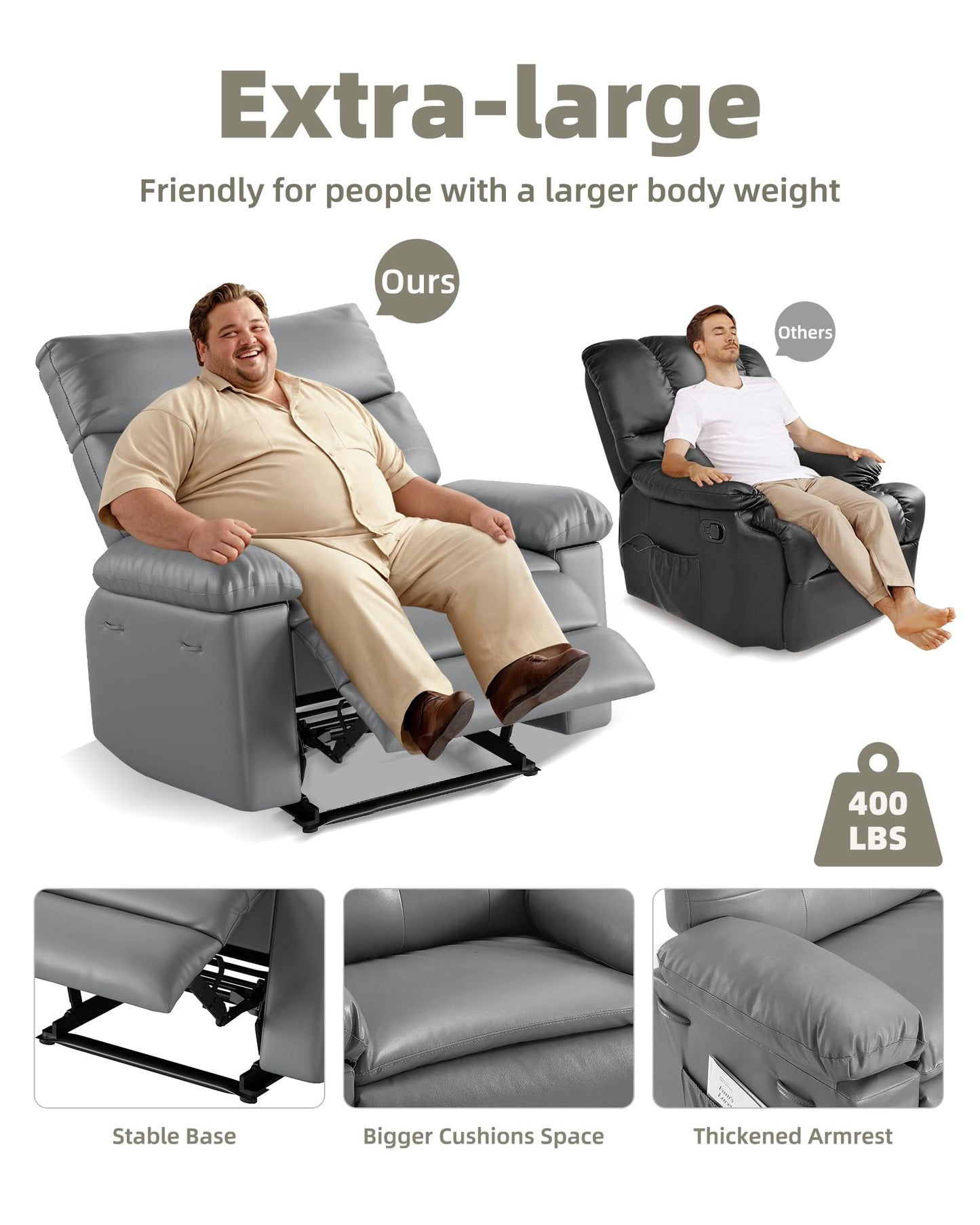 Garvee Oversized Wide Recliner Chair - Heat and Massage, PU Leather Extra Wide Manual Recliner for Adults, Large Lazy Chair with 1.5X Sponge Comfort Arm and Back for Living Room, Bedroom