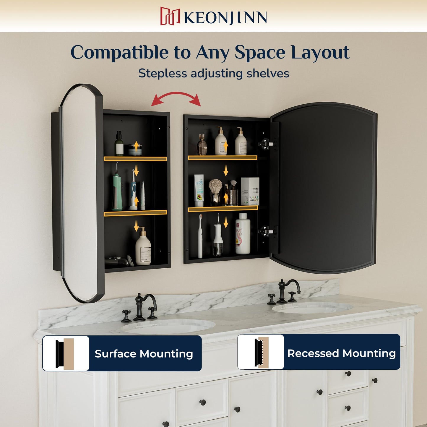 Keonjinn Black Medicine Cabinet with Mirror 20” x 30”, Metal Framed Wall Cabinet with Beveled Mirror, Surface Mount or Recessed Arched Medicine Cabinet for Bathroom,Bathroom Mirror with Storage
