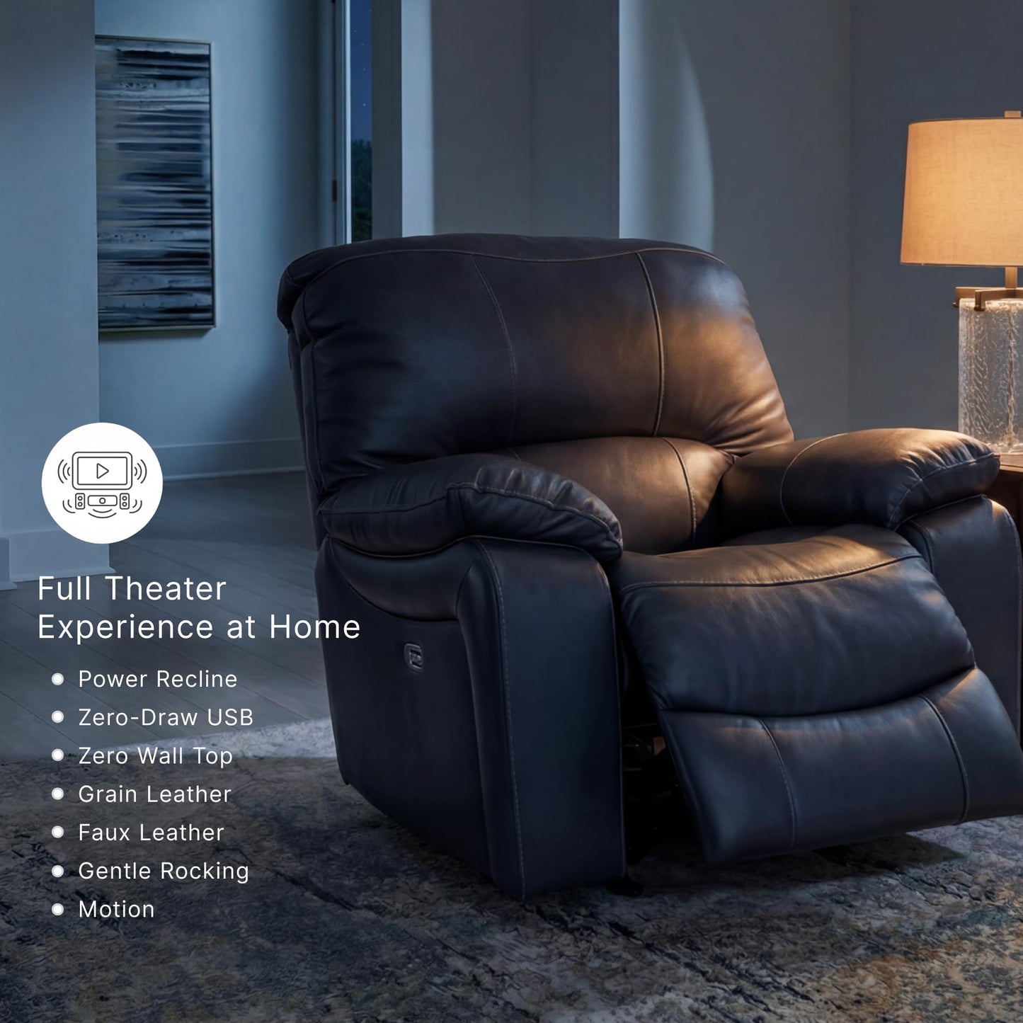 Signature Design By Ashley Leesworth Modern Power Rocker Recliner, USB Port, Gentle Rocking, Top Grain Leather and Matched Leather, 41" W x 41" D x 41" H, Blue