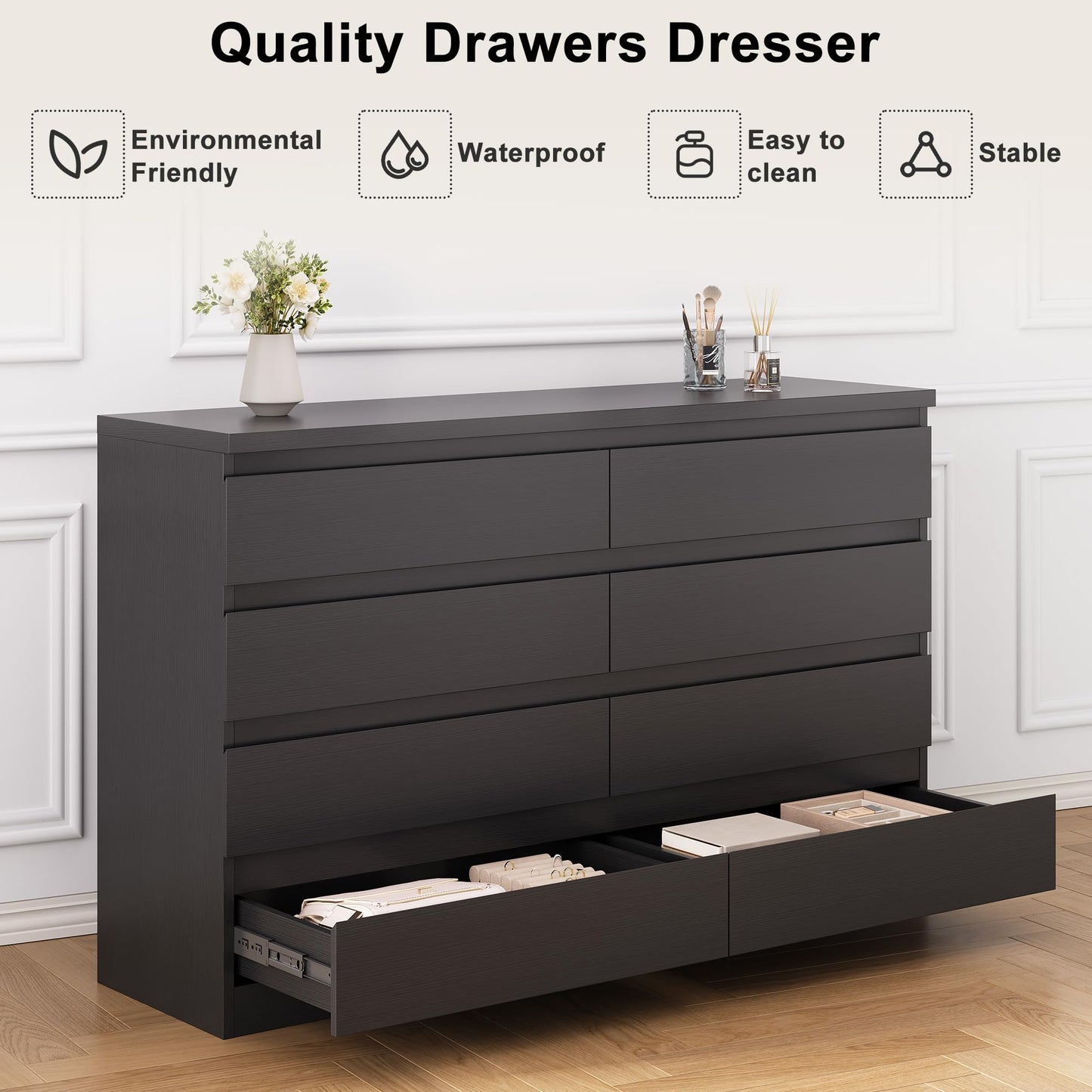 Jocoevol Modern Black 8 Drawer Dresser for Bedroom, 15.3" D x 55.2" W x 32.3" H Simply Chest of Drawers, Wood Storage Dresser with Deep Drawers for Living Room Hallway Entryway, Black