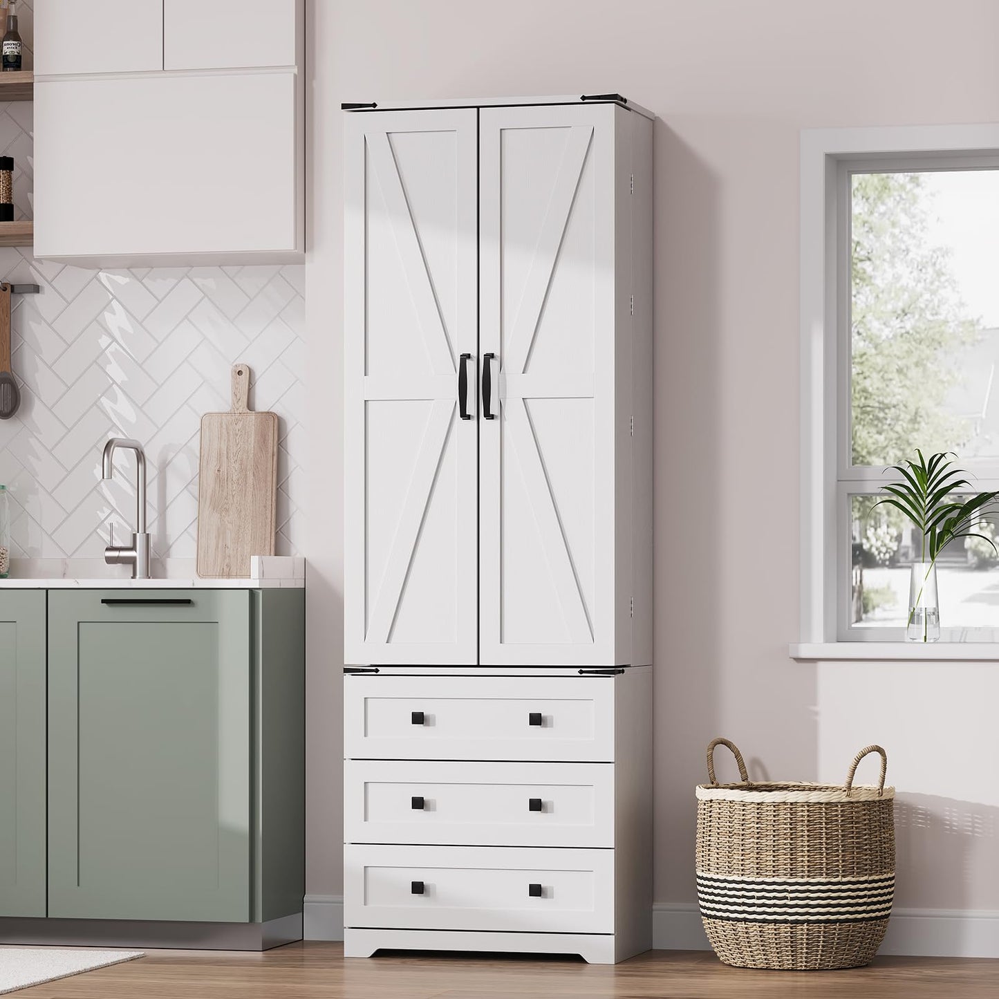 IDEALHOUSE Farmhouse Kitchen Pantry Cabinet - 72" Tall Large Wood Kitchen Storage Cabinets with Adjustable Shelves & 2 Barn Doors & 3 Drawer, Versatile Storage for Dining Room, Bathroom, Living Room
