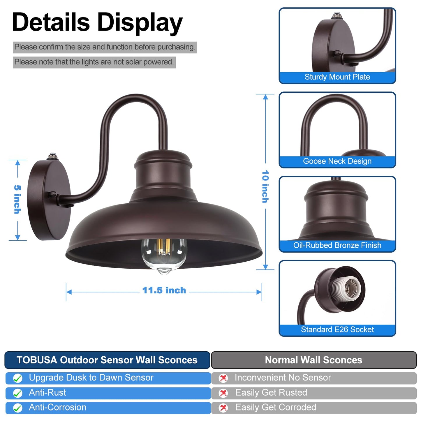 TOBUSA Outdoor Wall Lights, Waterproof Gooseneck Barn Sconces, 11.5 inch, Oil-Rubbed Bronze, Model B11023PP(2PK)
