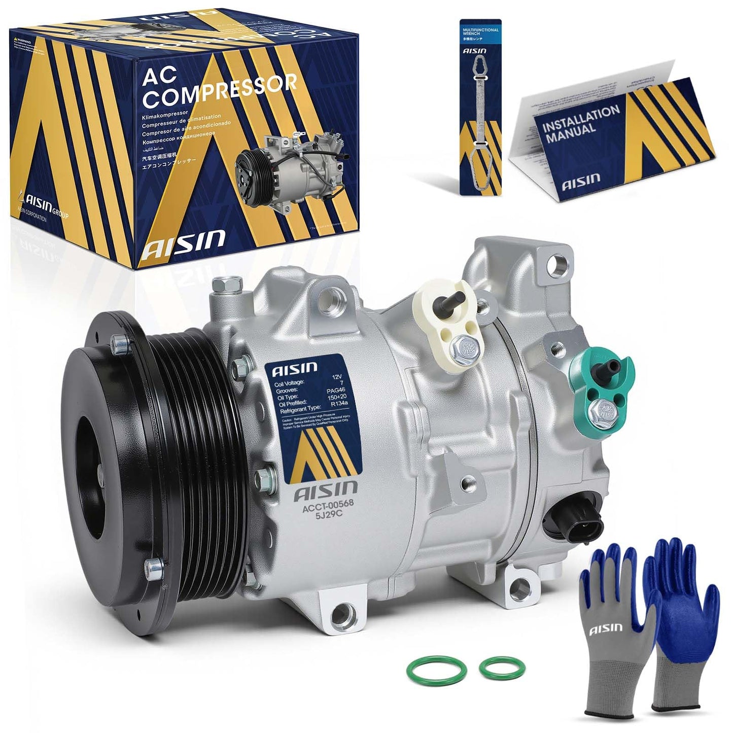 AISIN AFTERMARKET ACCT-00568 Air Conditioner AC Compressor - Compatible with Toyota RAV4 2006-2008 2.4L, Camry 2007-2009 2.4L - with 7-Pulley Groove, with Clutch