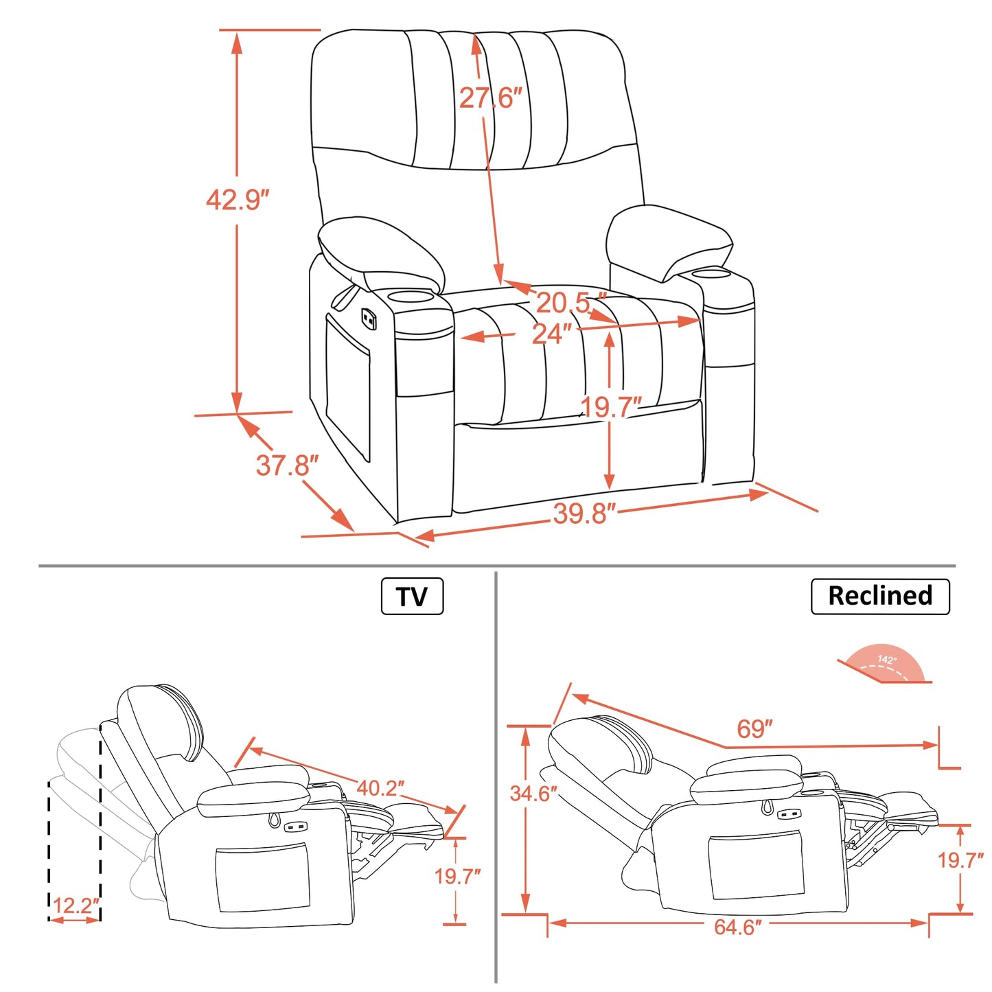 MCombo Oversized Swivel Glider Rocker Power Recliner Chair for Living Room with Heat and Vibration Massage, USB Ports, Cup Holders and Pockets, Faux Leather 7785 (Black)