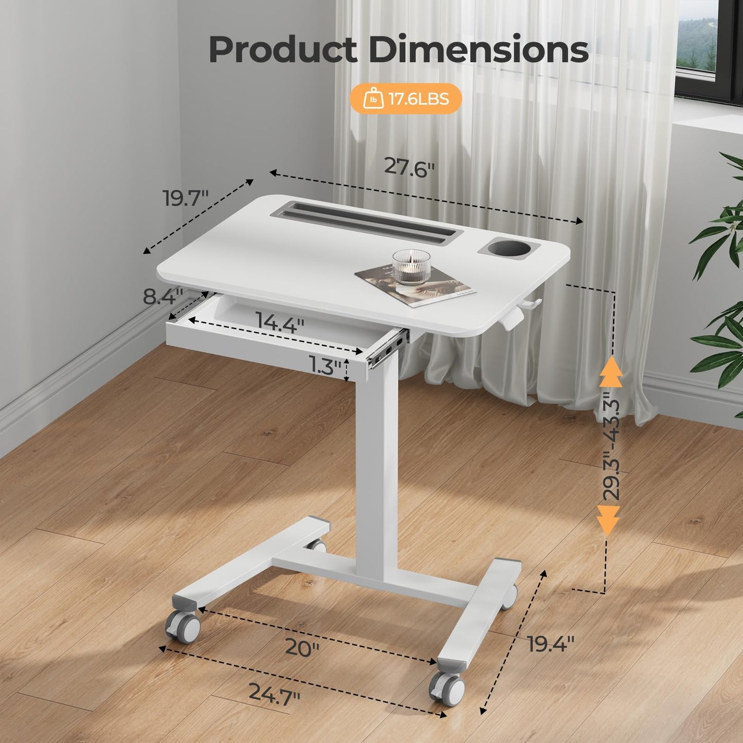 JYLH JOYSEEKER Mobile Standing Desk with Drawer, 28" Rolling Desk with Cup Holder and Hooks, Portable Laptop Cart on Wheels, Height Adjustable Workstation with Storage for Home Office, White