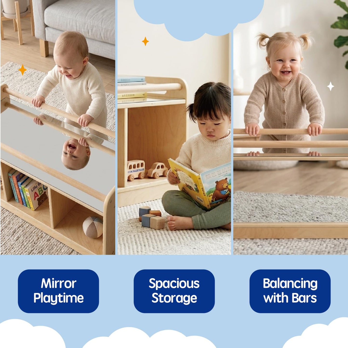 kidi house Montessori Shelf with Activity Top and Mirror, Birch Plywood Toy Storage Cabinet, Wooden Toddler Tummy Time Furniture for Home, Daycare Cubbies, Preschool, Playroom, Nursery, Kindergarten