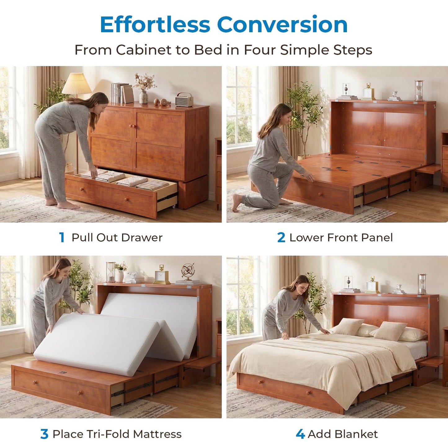 Mjkone Queen Murphy Bed Cabinet with Mattress Included, Cabinet Murphy Chest Bed with Drawer and USB Charging, Bedside Panel, Convertible Hidden Guest Wall Beds for Bedroom, Apartment - Cherry