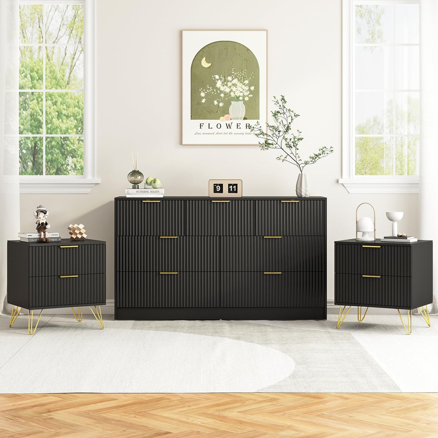 Sscaktu 7 Drawer Dresser and Nightstand Sets for Bedroom, 3 Pcs Bedroom Set，Night Stand Set of 2 & 7 Drawer Dresser with Gold Handles, Modern Wood Chest of Drawers Storage Cabinet Set, Black