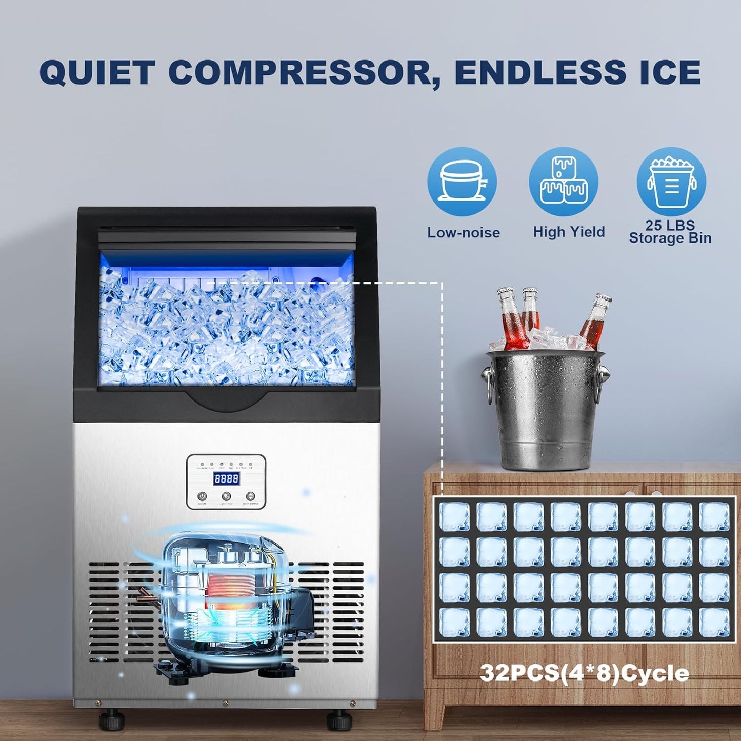 Zomagas 90LBS/24H Commercial Ice Maker Machine, Undercounter or Freestanding Stainless Steel Ice Machine with 25LBS Storage, 32 Cubes/Cycle, Self-Cleaning & Quiet Operation for Home, Bar, Restaurant
