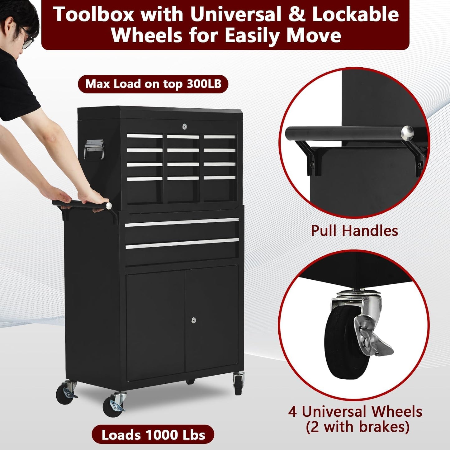 8-Drawer Rolling Tool Chest, 2-in-1 Detachable Top Tool Cabinet with Removable High Capacity Storage, Sliding Drawers, Wheels, Locking System & Liners for Workshop, Mechanics, Garage and Warehouse Use