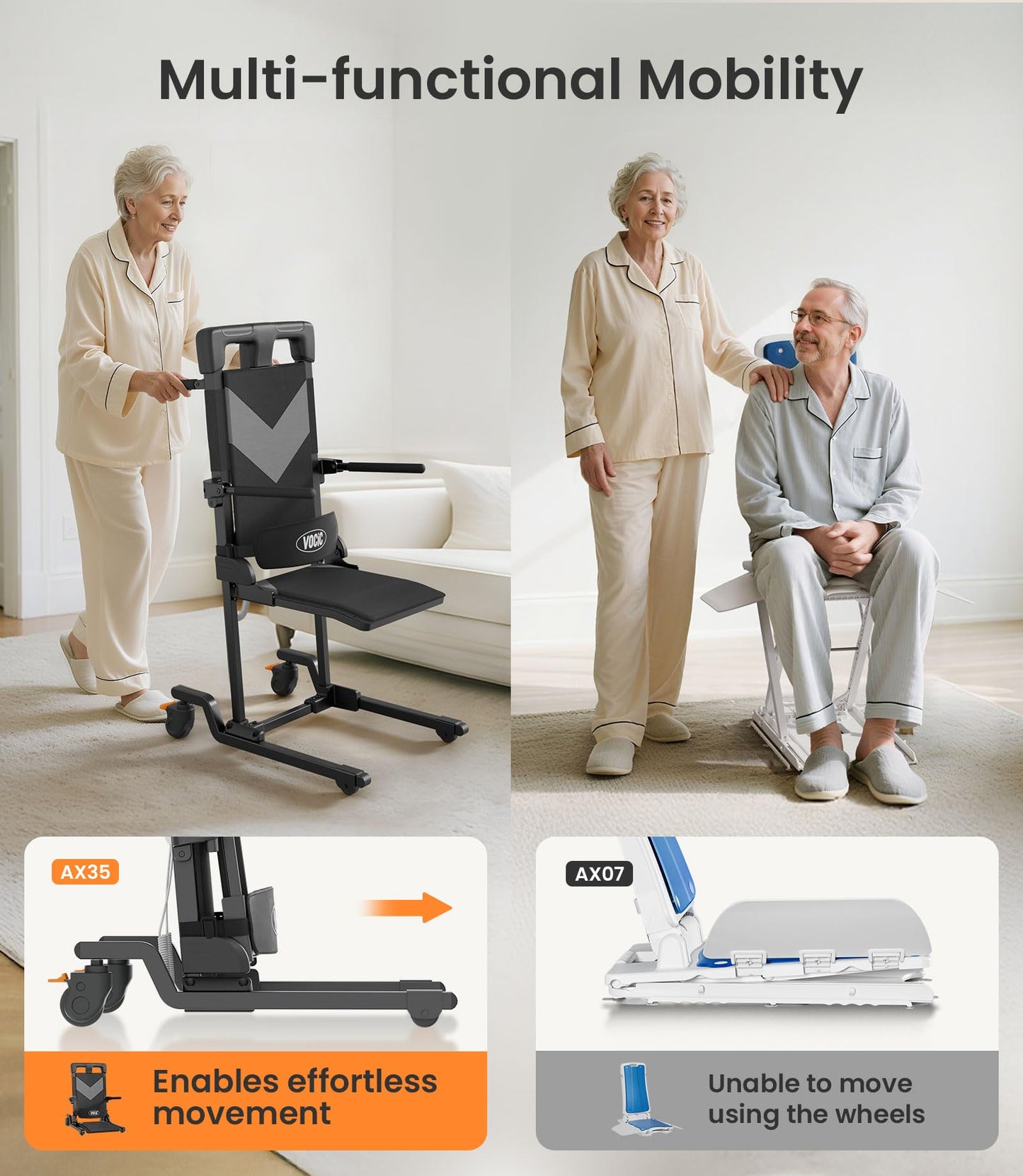 VOCIC Electric Chair Lift Get Up from Floor, Movable with 4 Wheels, Portable Rolling Chair Lift with T-Stabilized Base, Short-Distance Transport, Lift for Elderly from Floor, Supports 350 LBS, AX35