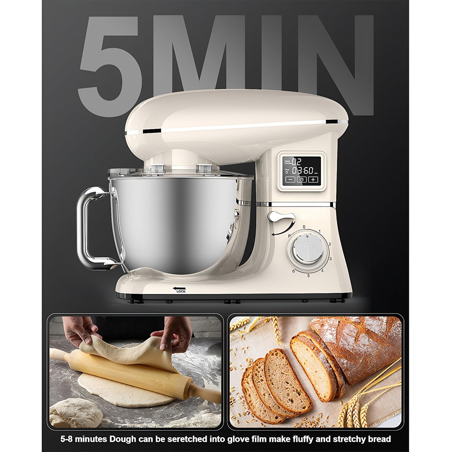 Stand Mixer with LED Display & Timer 6.5QT Stainless Steel Bowl, 1350W 6-Speeds Electric Kitchen Stand Up Mixer for Baking Cakes Cookie Bread Salad Food with Egg Whisk, Dough Hook, Beater - White