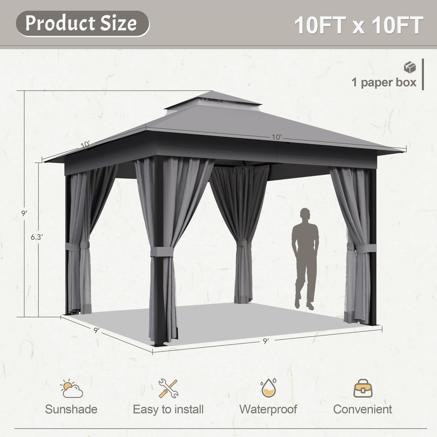 Devoko Outdoor 10'x 10' Gazebo, Soft Top Deck Gazebo with Mosquito Netting, Heavy Duty Metal Frame Canopy with Expansion Bolts and Double Roofs，Party Tent & Shelte for Backyard, Garden (Grey)