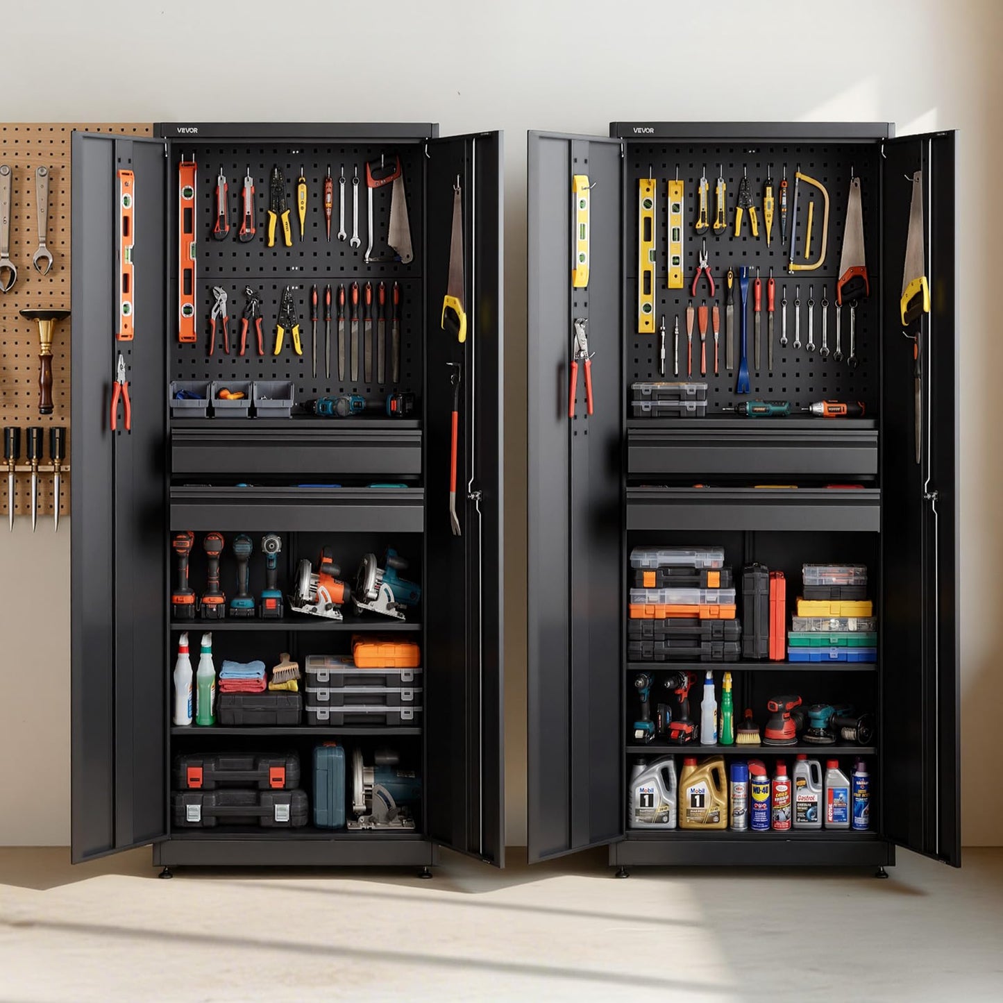VEVOR Metal Storage Cabinet, 180 lbs Shelf Load Capacity, 70.87" Tall Garage Tool Storage Cabinet with 2 Locking Doors, Adjustable Shelves, 2 Drawers, Pegboard, for Garage, Home, Office, Utility Room