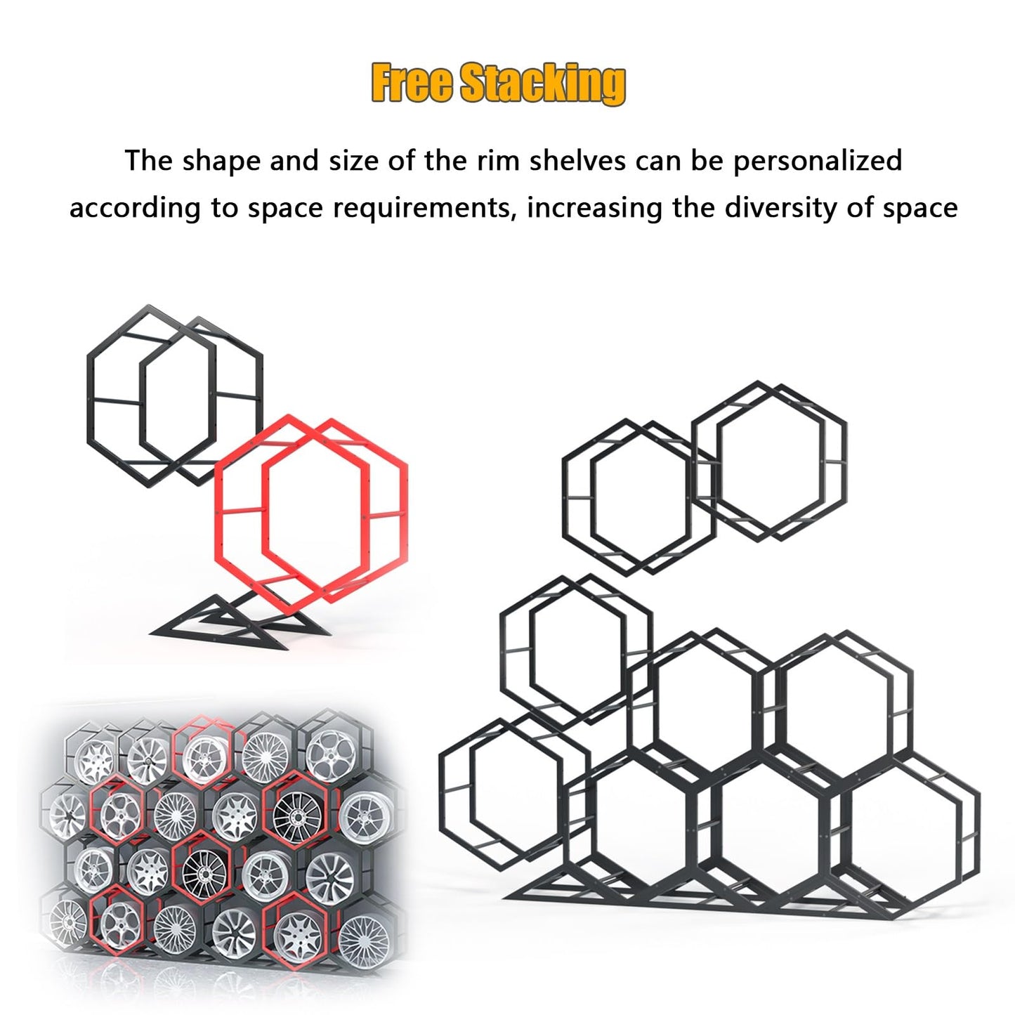 Aimery Rims Tire Rack for Garage, Hexagon Display Rack, Steel Spare Tyre Organizer, Wheel Organizer Holder(D)