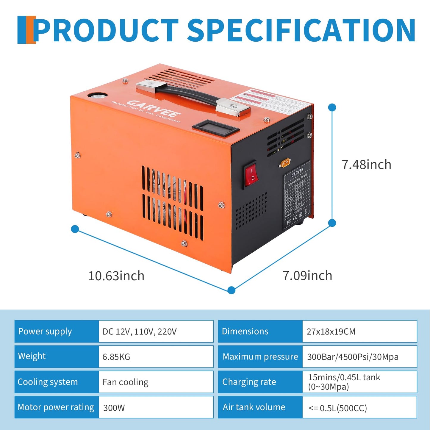 PCP Air Compressor, 4500PSI/30Mpa, 300W Oil-Free Fast Fill Pump with Built-in Manual-Stop, Dual Power 12V DC & 110V/220V AC, Portable Air Pump for Airguns, Air Rifle, Paintball, HPA Tanks(Compact)
