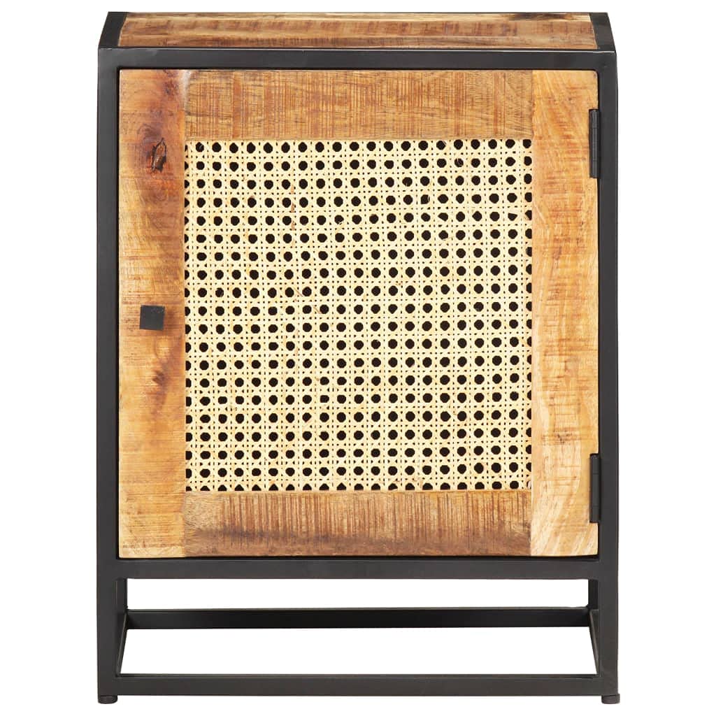 KGFHERENB Bedside Cabinet, 15.7"x11.8"x19.7" Rustic Solid Rough Mango Wood Nightstand with Hand-Woven Natural Cane Door, Iron Frame Side Table with Storage for Bedroom and Living Room