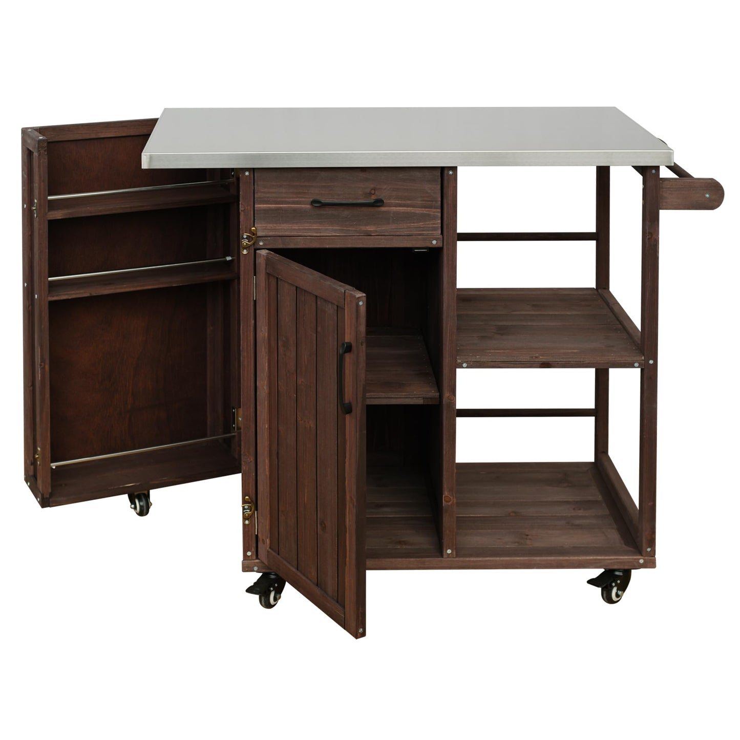 Outdoor Kitchen Island Cart with Stainless Steel Top, Rolling Grill Table with Storage Cabinet Drawer Shelves & Towel Rack, Wooden BBQ Prep Station with Lockable Wheels for Patio Backyard, Dark Brown
