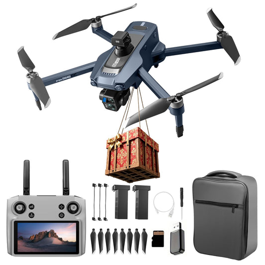 Airdrop Drone, Max Payload Capacity About 0.66 Lbs, GPS Positioning System, 4.92-Inch Touchscreen Remote Controller, 2.7K 3-Axis Gimbal Camera, 2 Batteries for Total Flight Time About 50 Minutes, Dual Cameras, 4-Way Obstacle Avoidance Function, Optical Fl