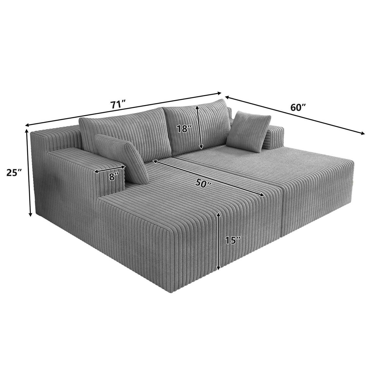 71-Inch Fluffy Corduroy Boneless Sleeper Daybed Loveseat Double Recliner Chaise Lounge Sofa Couches, Floor Cloud Sofa Chaise W/4 Pillows for Home Apartment Living Room