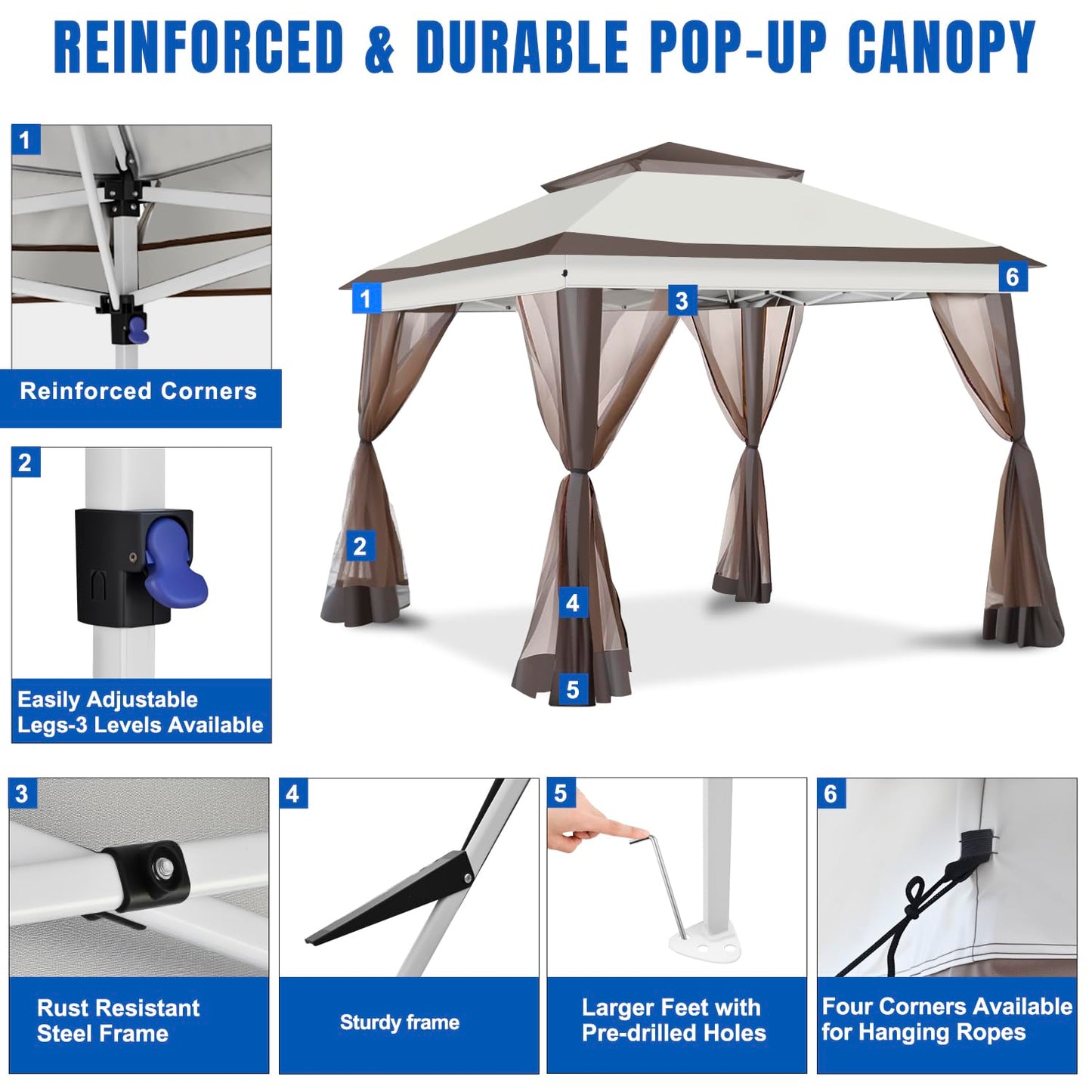 Yesker 10x10 Pop Up Canopy Tent w Mesh Netting Sidewall Vented Top - Heavy Duty Outdoor Canopy, Easy Setup Shelter Gazebo Waterproof 10x10 Popup Tnets for Patio Backyard Parties & Events, Khaki Brown