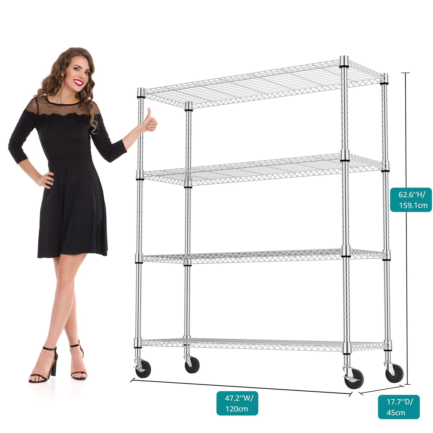 M MZG 1400LBS 47.2" W 4 Tiers Storage Shelves Metal Shelving Unit with Wheels Heavy Duty Garage Shelving Adjustable Wire Shelves for Pantry,Kitchen,Garage,Basement,Chrome 17.7" D x 47.2" W x 62.6" H