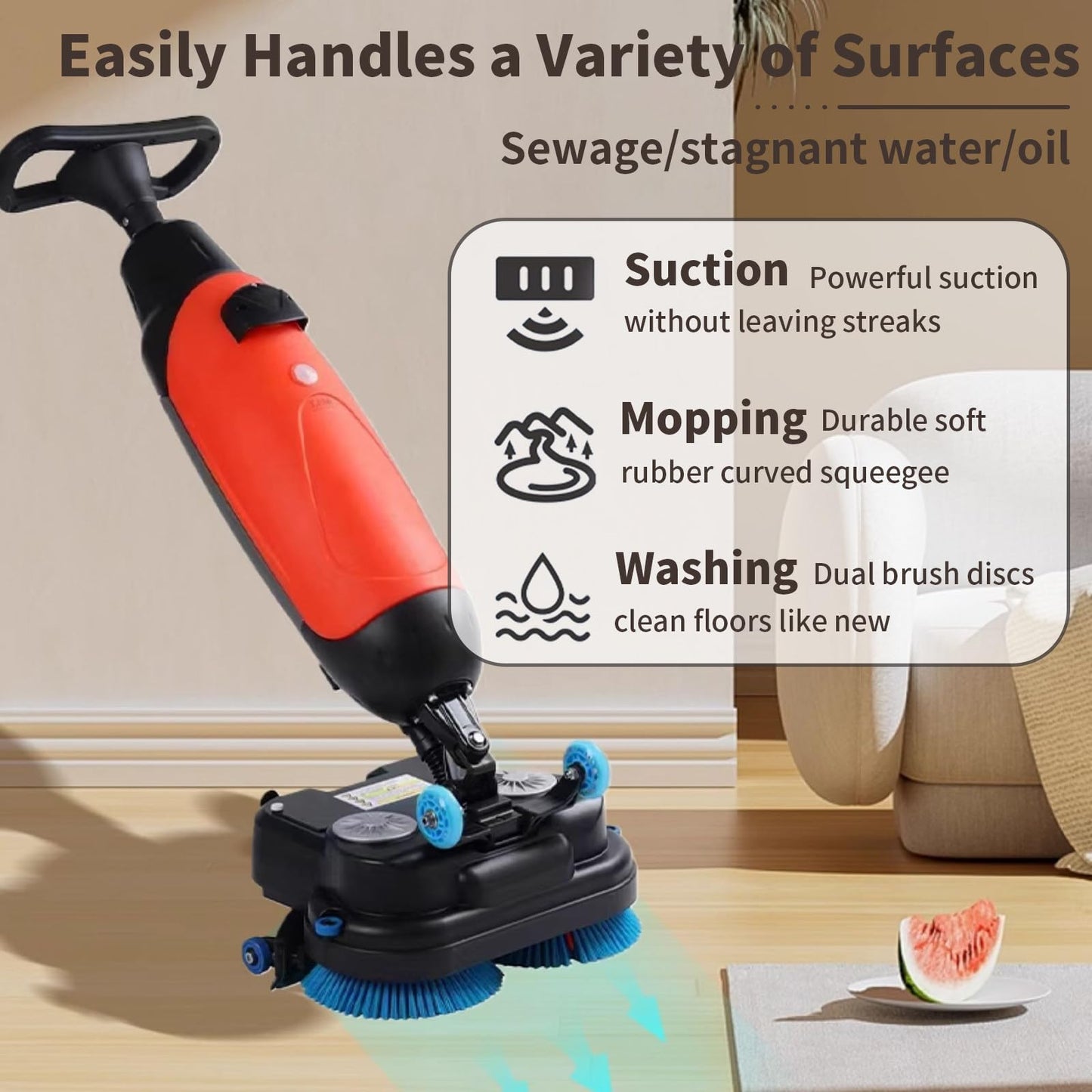 LADECNERHT Battery Powered Walk Behind Mini Automatic Floor Scrubber Machine, 17” Cleaning Width, 90 Minute Runtime, 240 RPM, for Small Commercial Spaces, Offices, Retail & More