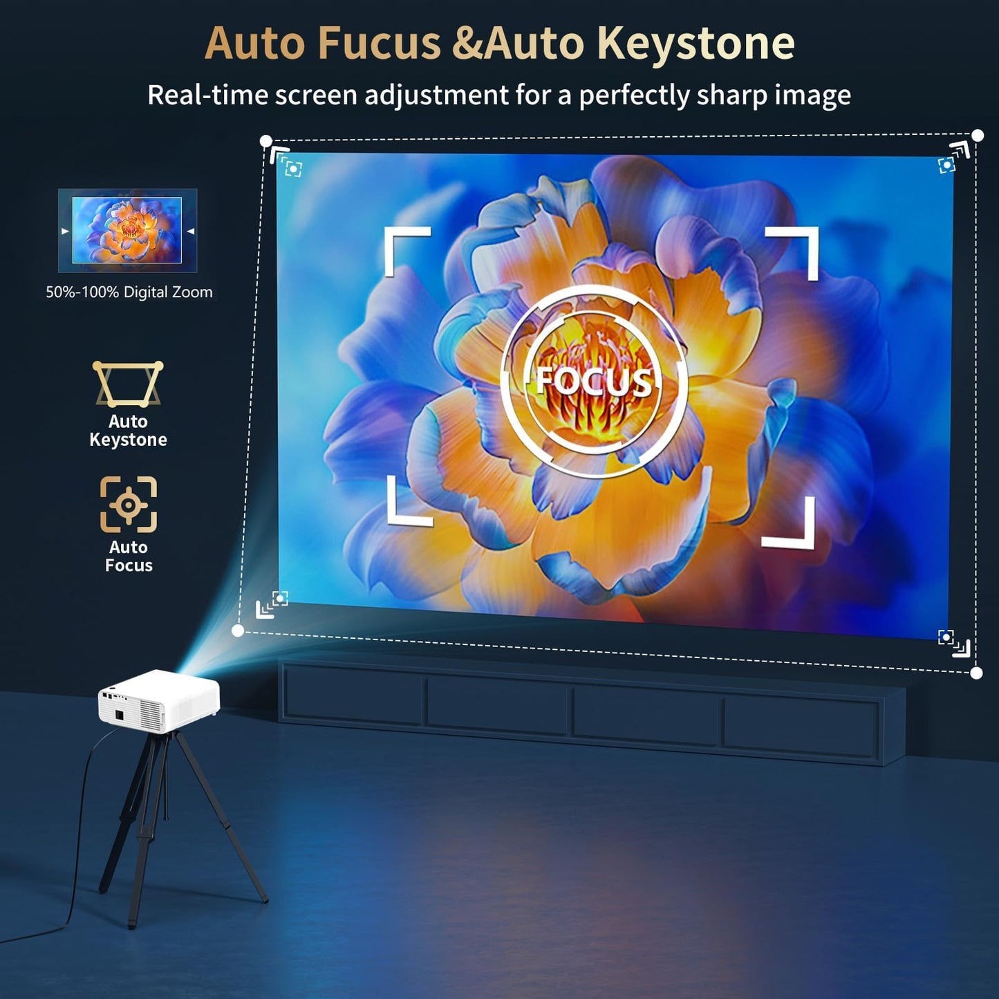 2200 Ansi 4K Projector with WIFI and Bluetooth,Outdoor Movie Projector Auto Focus,ARC,DoIby Audio,PPT,Home Theater Projector 4k HDR10,30W Speaker,500''Display,Compatible w/ TV Sticks,iOS,Android,PC