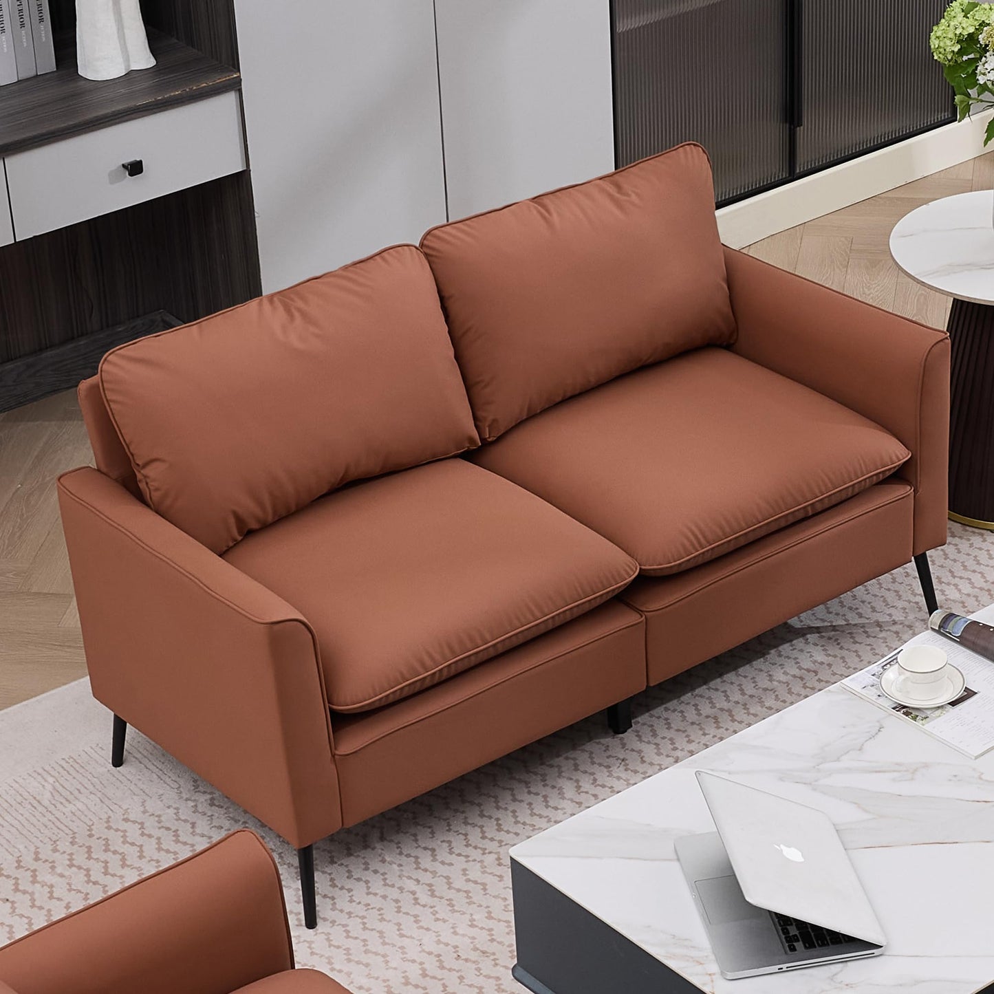 KEIKI Faux Leather Loveseat, Mid Century Modern Comfy Sofa Couch, Mini Deep Seat 2-Seater Settee Loveseat Couches for Office Living Room Bedroom Apartment Dorm Small Space, Brown