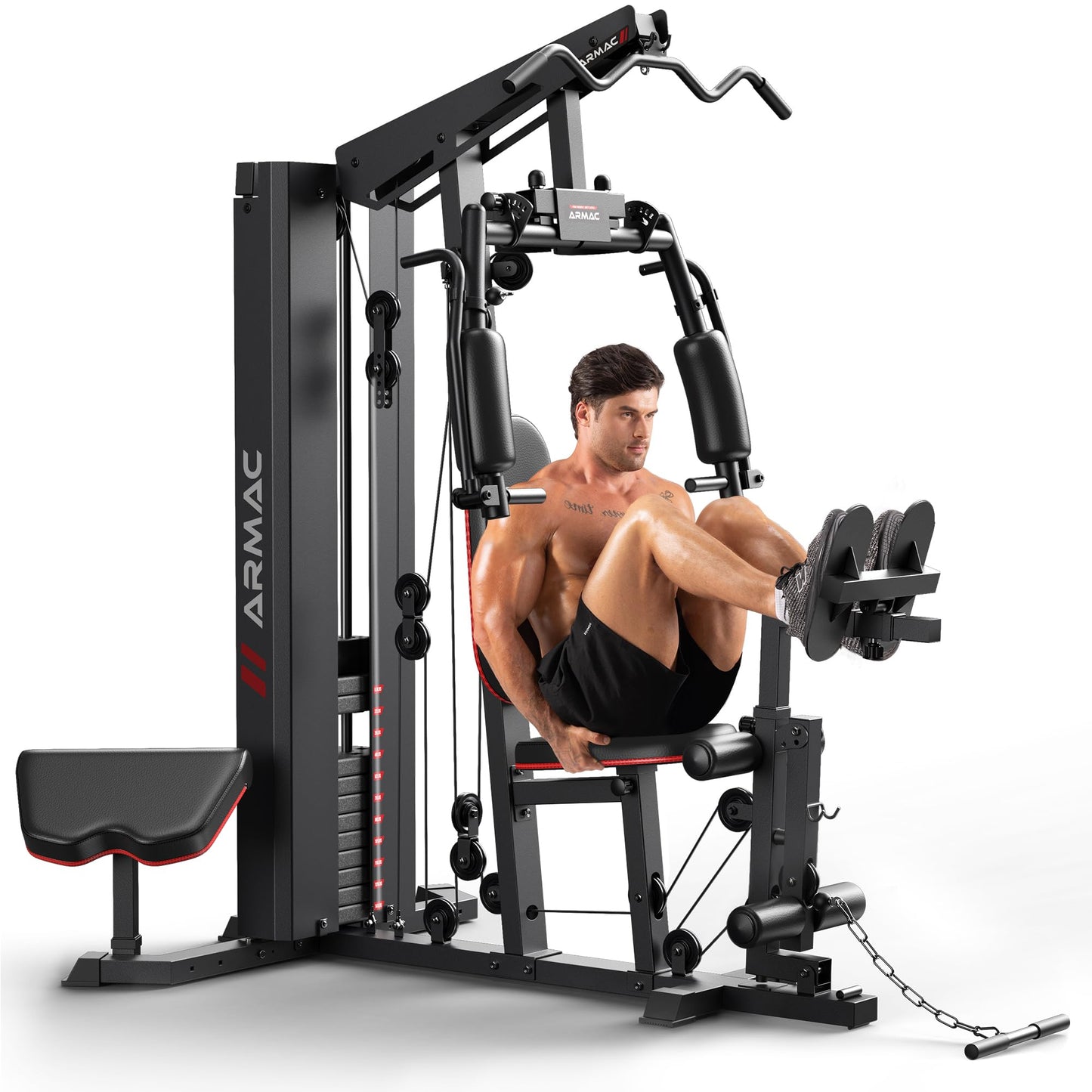Sportsroyals Home Gym, Multifunctional Workout Station with 150LBS Weight Stack, Full Body Workout Machine with Pulley System for Strength Training (Black red)