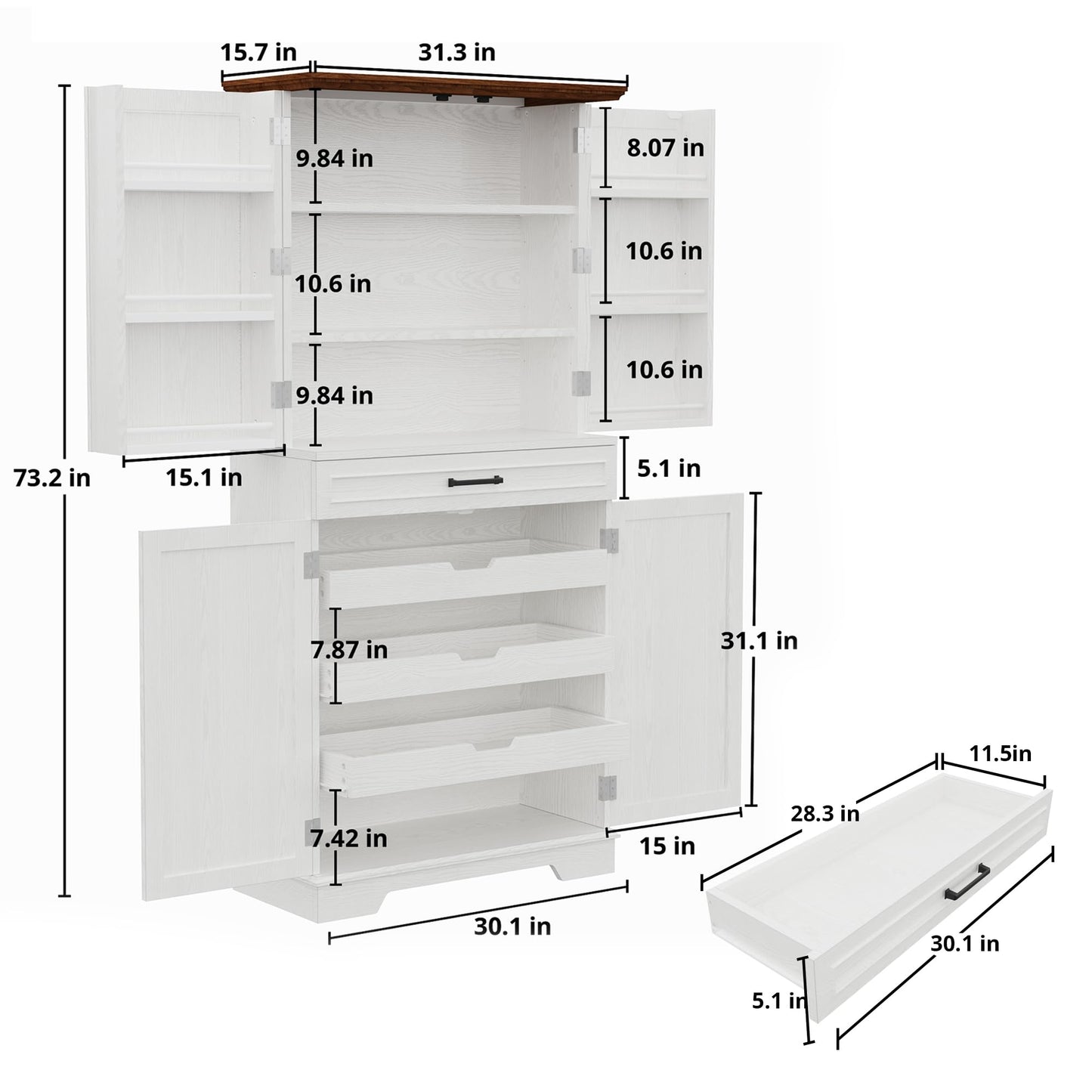 IRONCK Farmhouse Pantry Cabinet, 72" Tall Kitchen Storage Cabinet, Freestanding Cupboard with Sliding Rack & 6 Hanging Shelves,Kitchen Pantry Furniture for Dining Room, Easy Assembly, White
