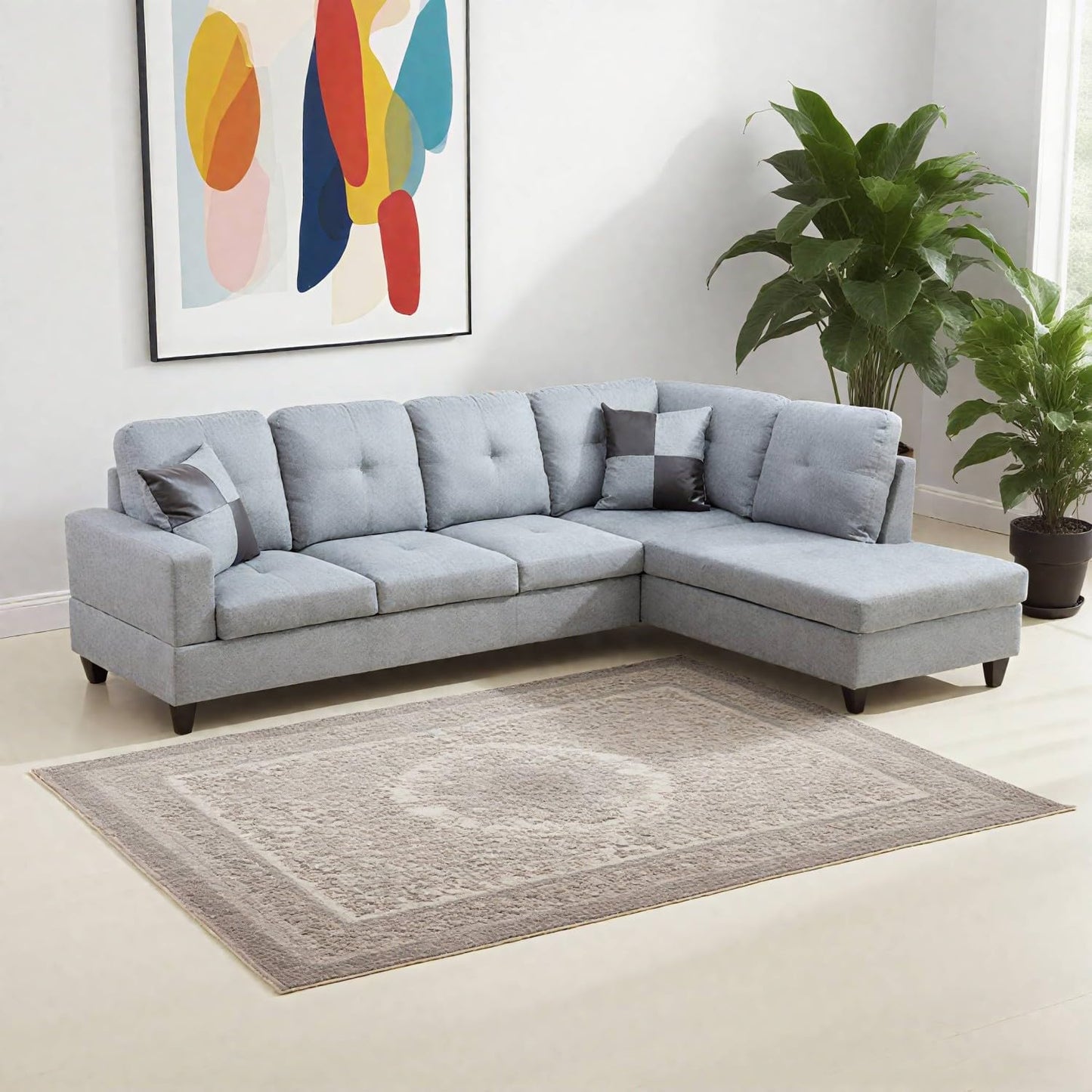 UOCFYK Sectional Sofa Couch with Right Chaise, Linenl L Shaped Couches for Living Room, Office, Apartments, Small Space, Grey