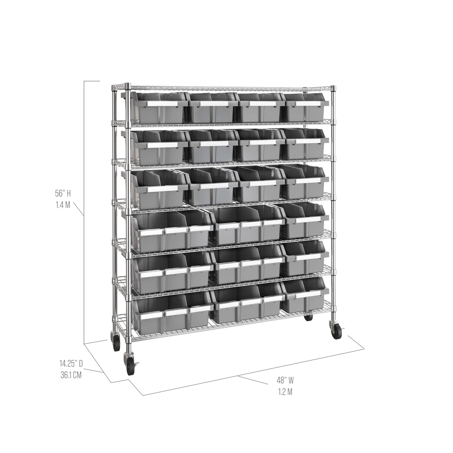 7-Tier NSF 21-Bin Steel Wire Shelving Rack, 48"W x 14"D x 56"H, Gray