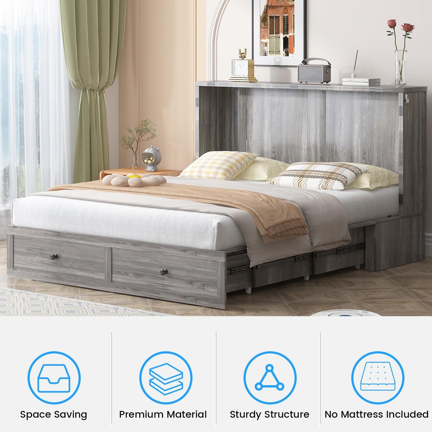PUREMIND Full Murphy Bed Cabinet with Mattress Included, Bedroom Cabinet Beds with USB Charging Station, Murphy Chest Bed with Storage Drawers, Horizontal Wallbed for Guest Room Grey