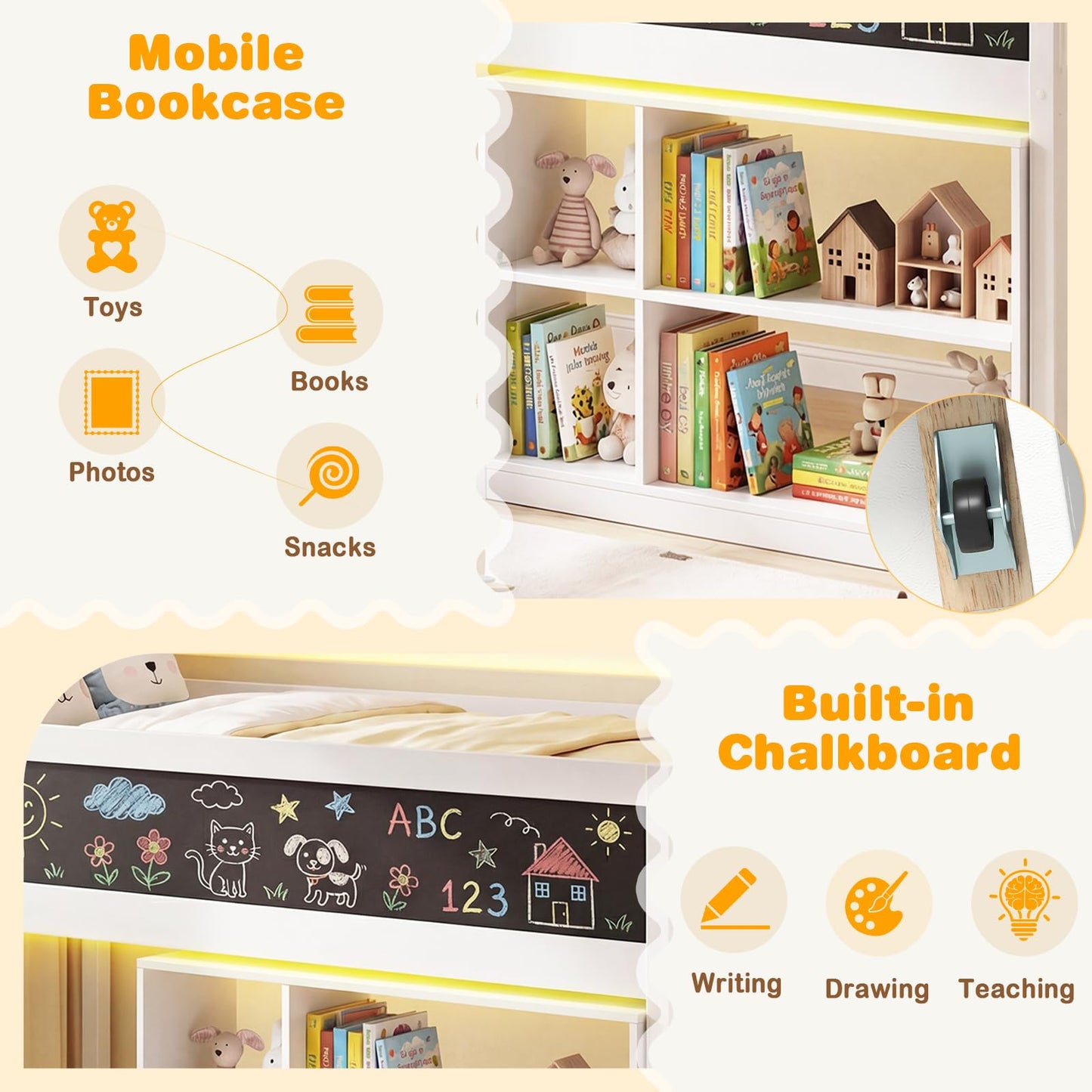 Giantex Low Loft Bed with LED Lights, Twin Size Bed Frames for Kids w/Chalkboard, Removable Bookcase & Under-Bed Storage Space, Wood Loft Beds with Stairs, Safety Guardrail for Girls Boys (White)