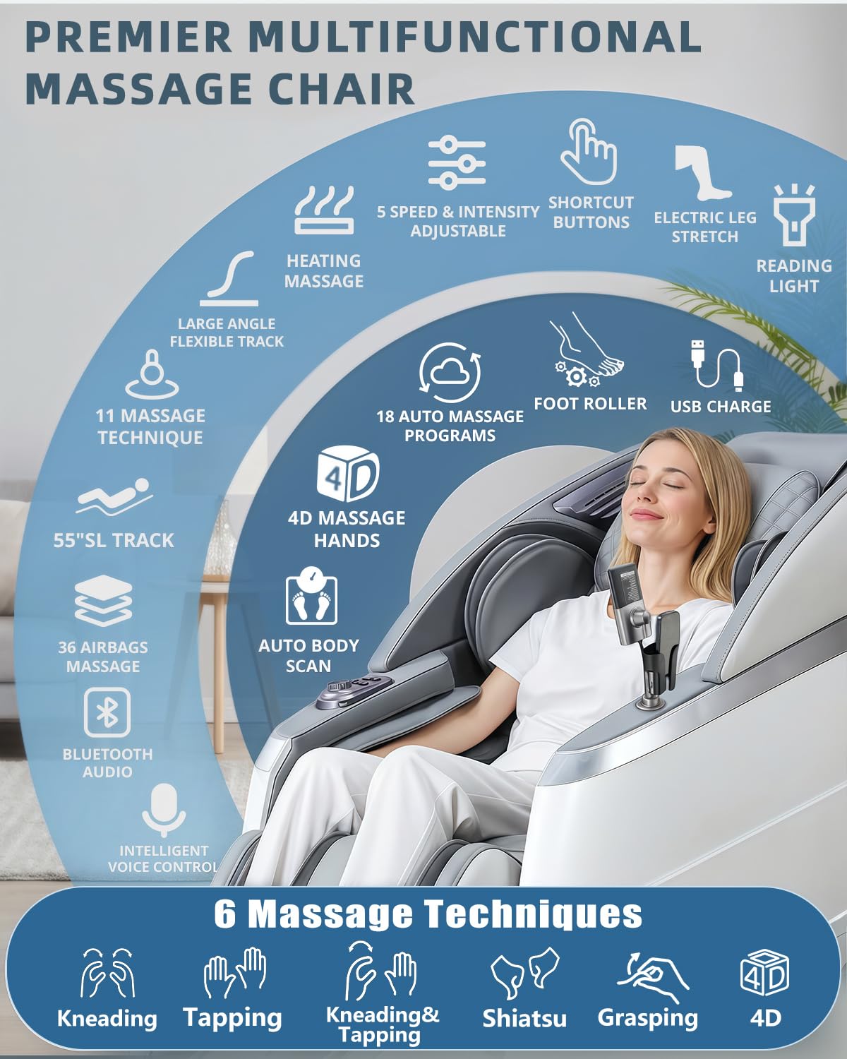 RelaxRelife 4D Full Body Massage Chair with Flexible 166° Track, Reading Light, 18 Massage Modes, 11 Techniques, 36 Airbags, Zero Gravity Recliner with Yoga Stretch and Foot Massage Grey