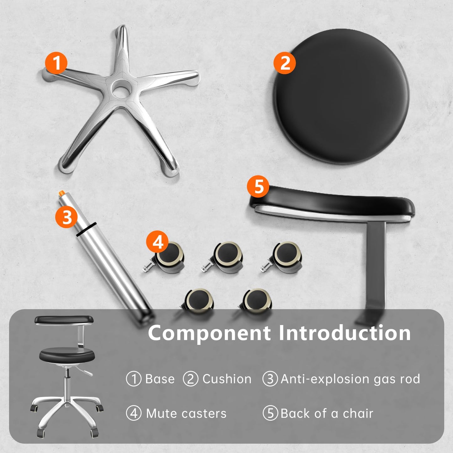 DENGTELI Medical Stool on Wheels with 360 Degree Swivel Armrests, Height Adjustable PU Leather Stool, Salon, Shop, Home and Dental Assistant Chair, Black