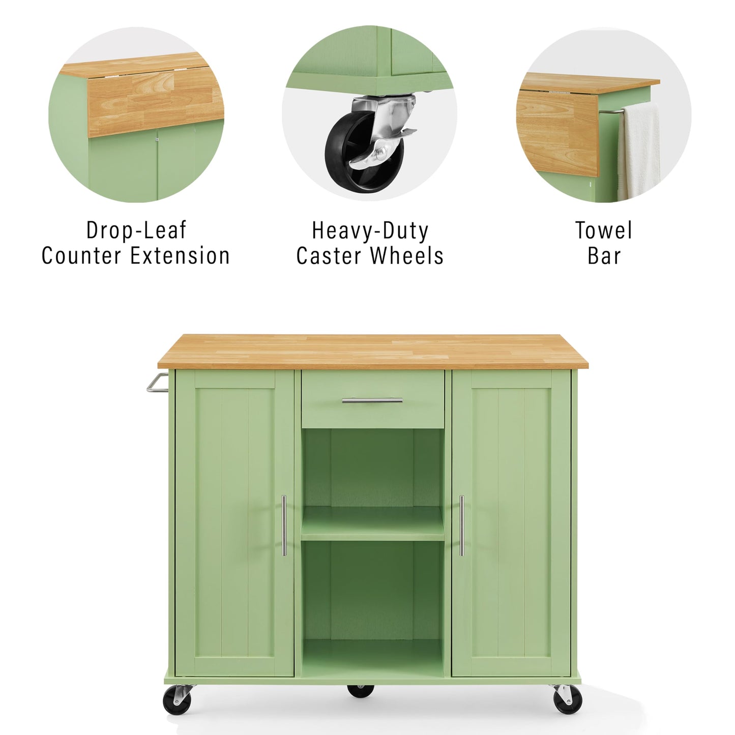 Crosley Furniture Stella Rolling Storage Cart and Kitchen Island with Shelves, Microwave Stand, Coffee Bar, Mint/Natural