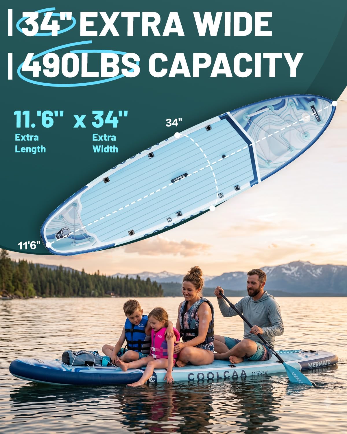 COOLCAA Mermaid 11'6" Inflatable Stand-Up Paddle Board, 490Lbs Capacity SUP Board with 34'' Extra Wide, Fishing Paddleboard with Accessories & Bag for Adults Youth (Ocean Stream)