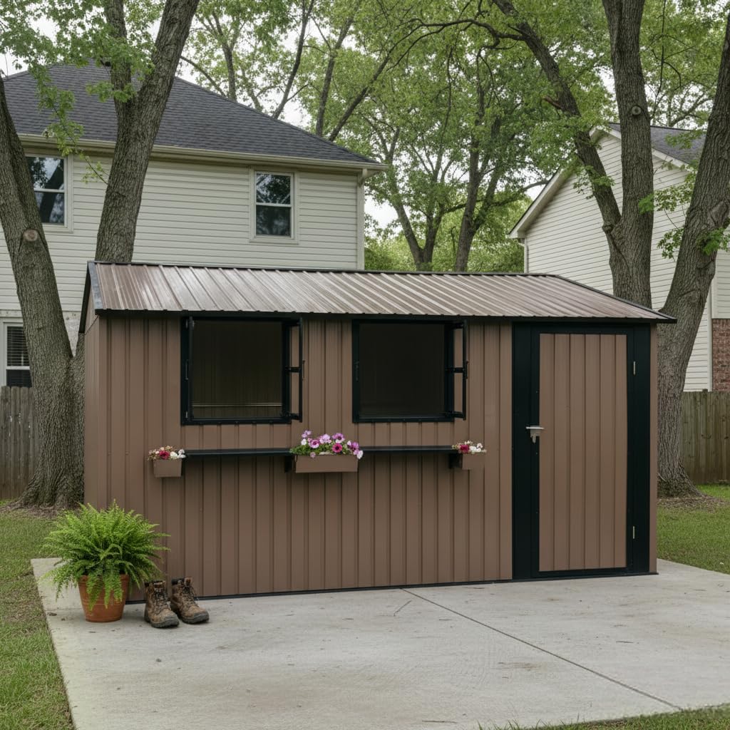 KEIKI 12x10 FT Outdoor Metal Storage Shed with 3 Clear Windows, Walk in Lockable Single Door Heavy Duty Steel Utility Shed Waterproof Rust Resistant Windproof for Backyard Garden Yard, Brown