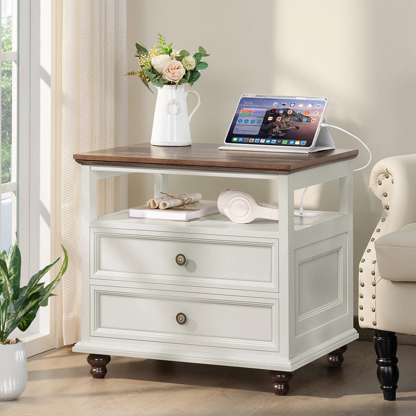 Joaxswe Farmhouse Nightstand Set of 2 with Charging Station, 24" Wide End Table with 2 Drawers,Dresser for Bedroom,Bed Side Table Chest of Drawers Cabinet,Wood White Night Stand for Living Room