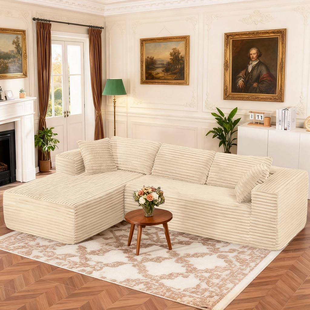 COMHOMA 105”Modular Sectional Sofa with Deep Seat,Cloud Upholstered L-Shape Couch Wide Arms Corduroy Fabric High-Density Foam Chaise Lounge for Living Room No Assembly Required,Beige