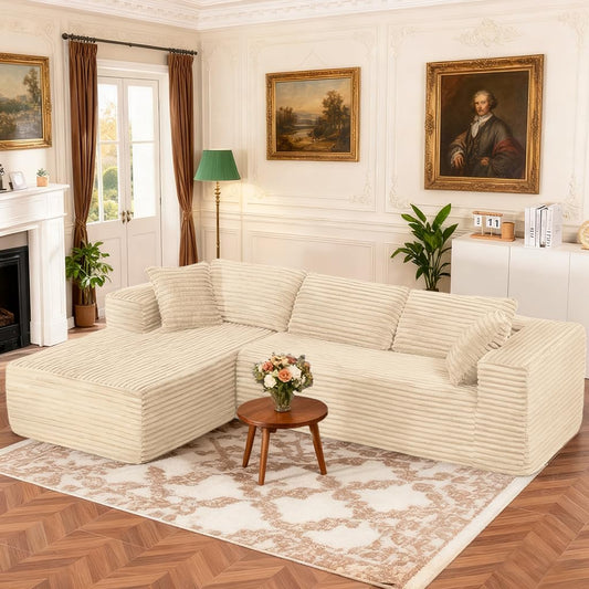 COMHOMA 105”Modular Sectional Sofa with Deep Seat,Cloud Upholstered L-Shape Couch Wide Arms Corduroy Fabric High-Density Foam Chaise Lounge for Living Room No Assembly Required,Beige