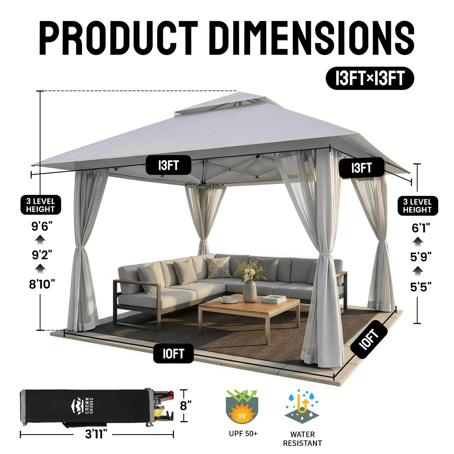 CROWN SHADES 13x13 Pop Up Gazebo, Canopy Tent, Gazebos on Clearance - Outdoor Gazebo for Backyard & Patio Furniture - Carpa Pop Up Tent with Wheeled STO-N-Go Cover Bag (Grey)